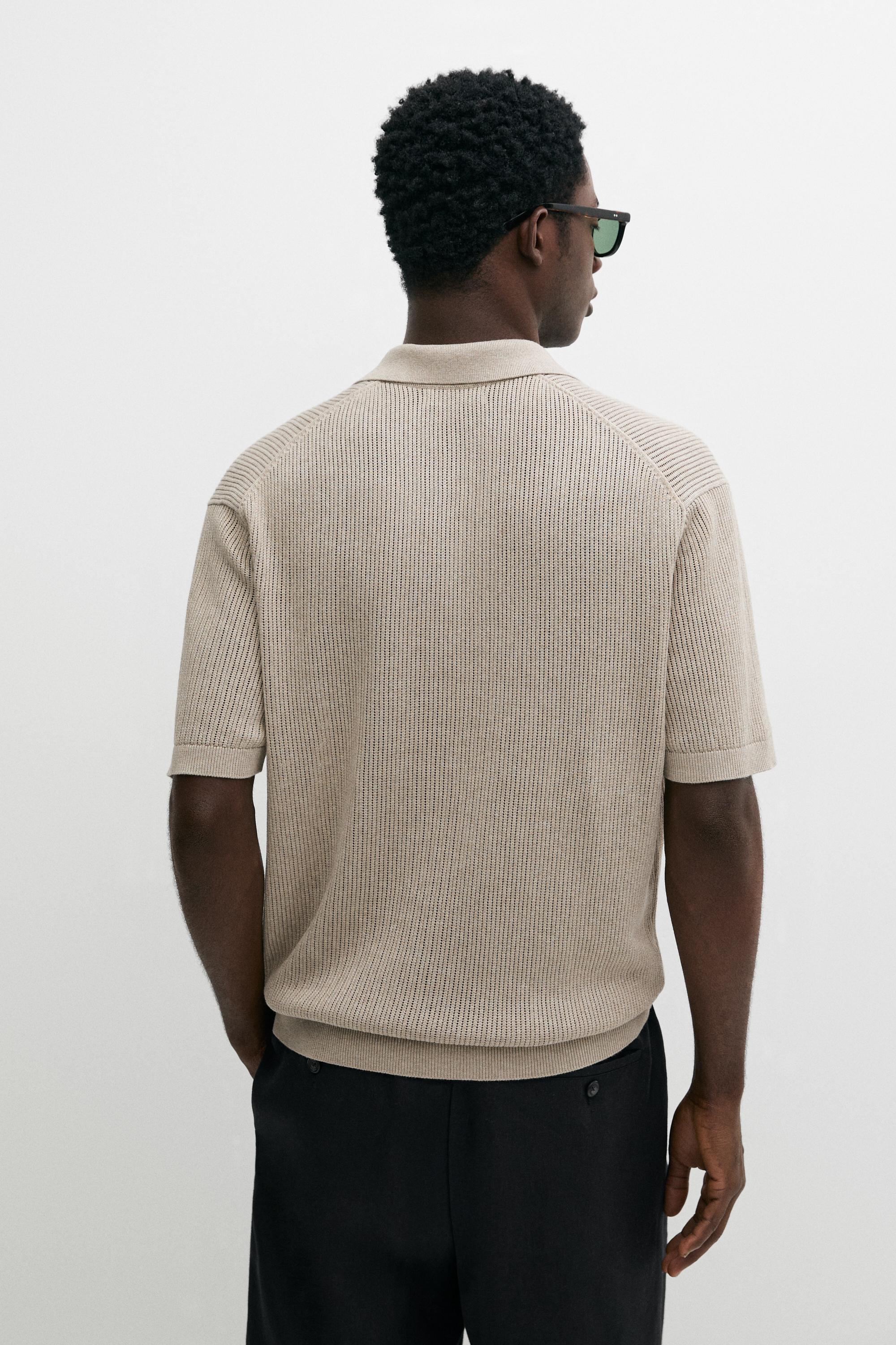 Cotton-blend V-neck knit polo shirt — MINK