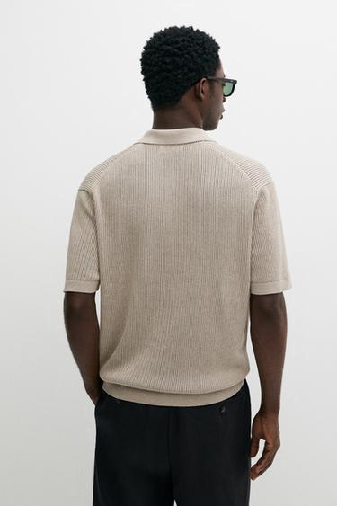 Cotton-blend V-neck knit polo shirt — MINK 5