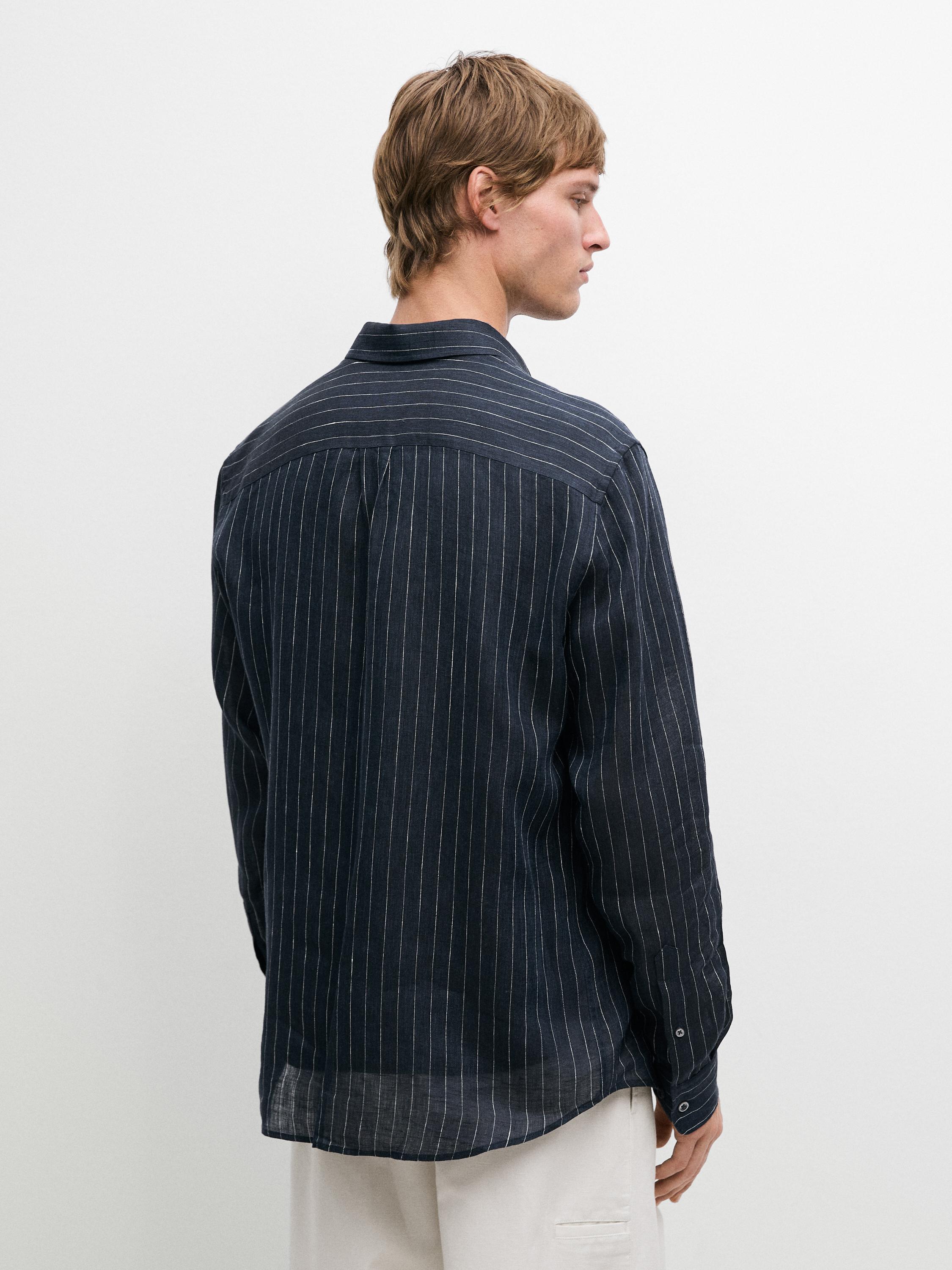 Regular fit striped linen shirt — NAVY BLUE