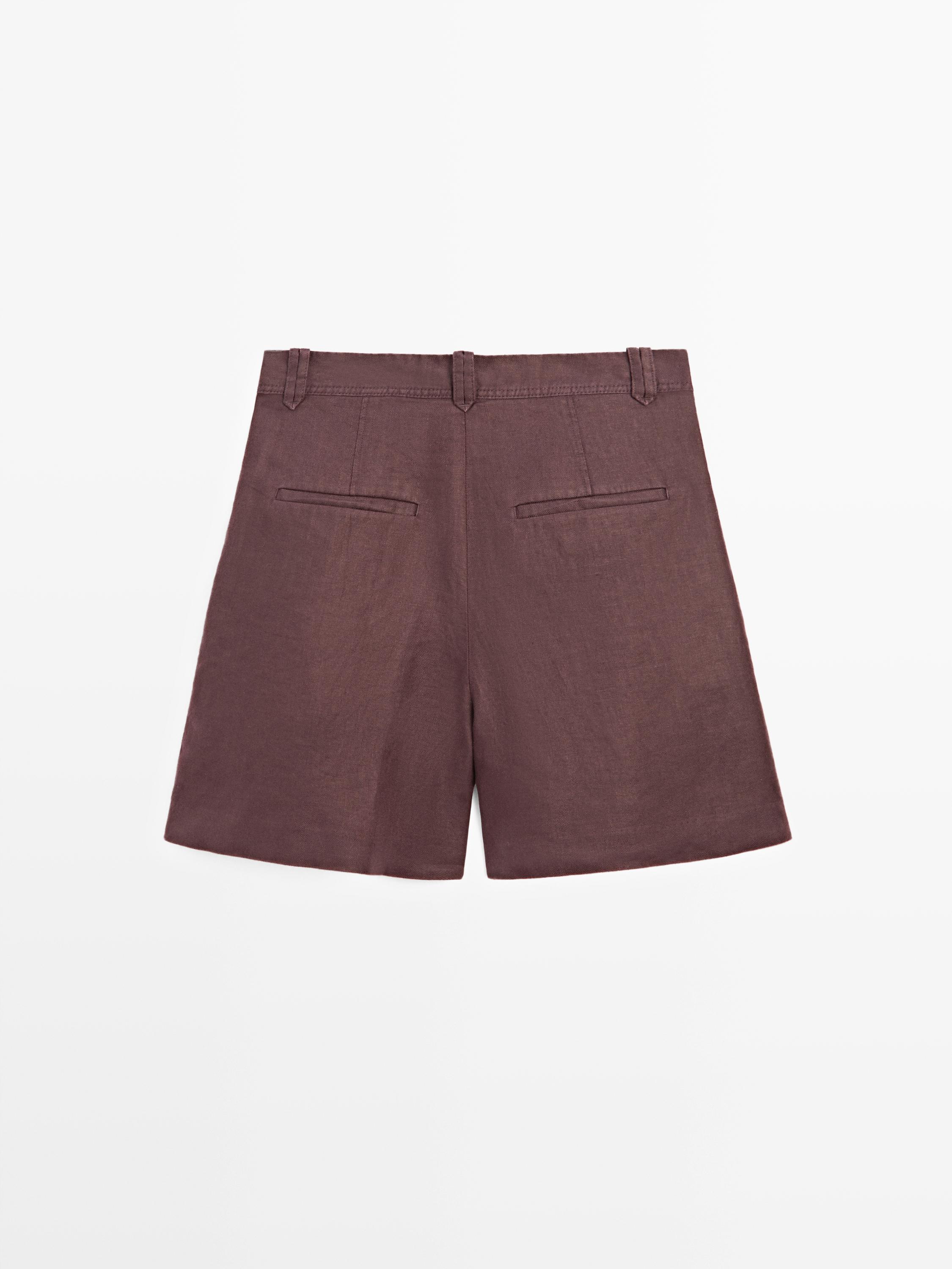 100% linen short pleated Bermuda shorts — AUBERGINE