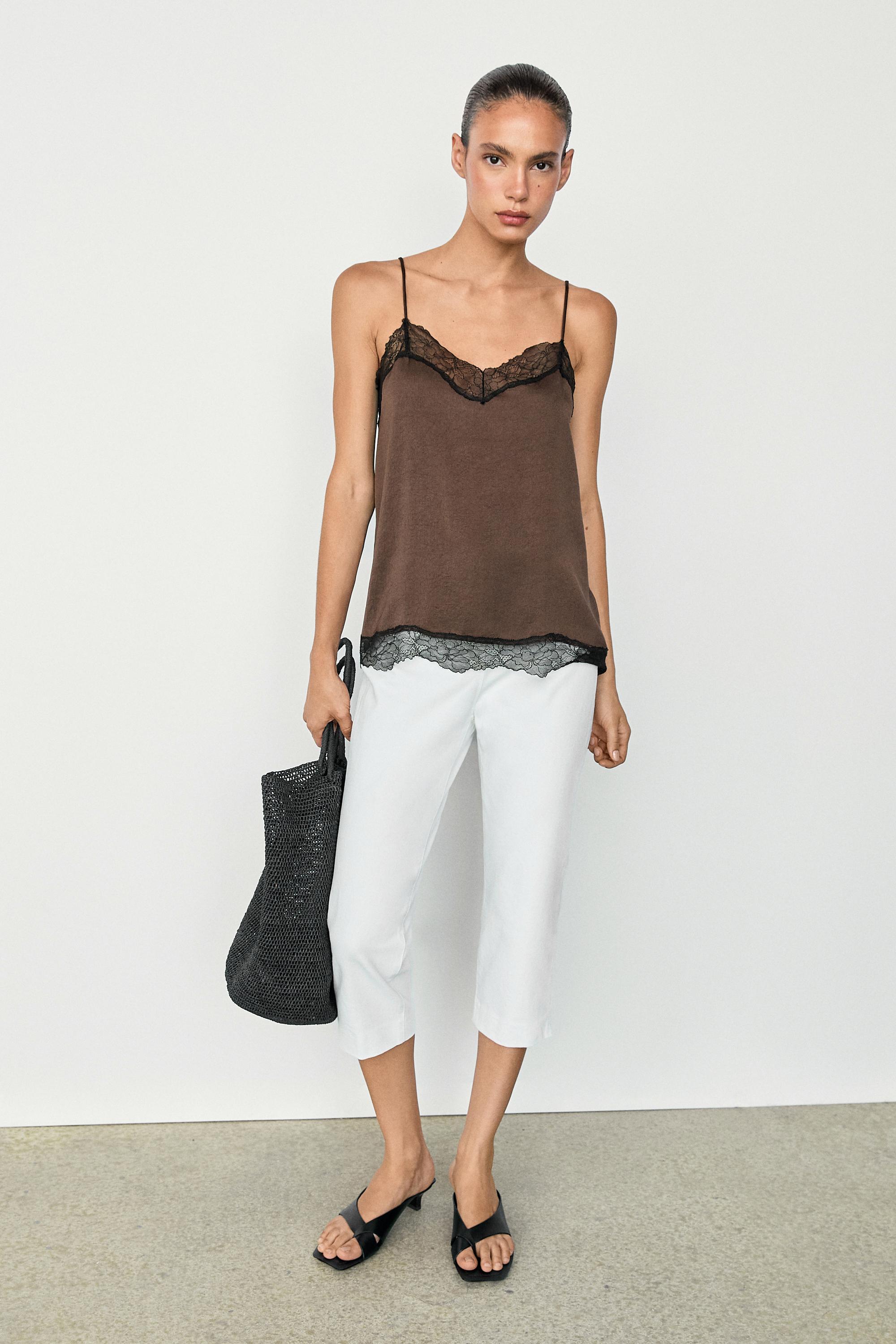 Contrast lace camisole top — BROWN MARL