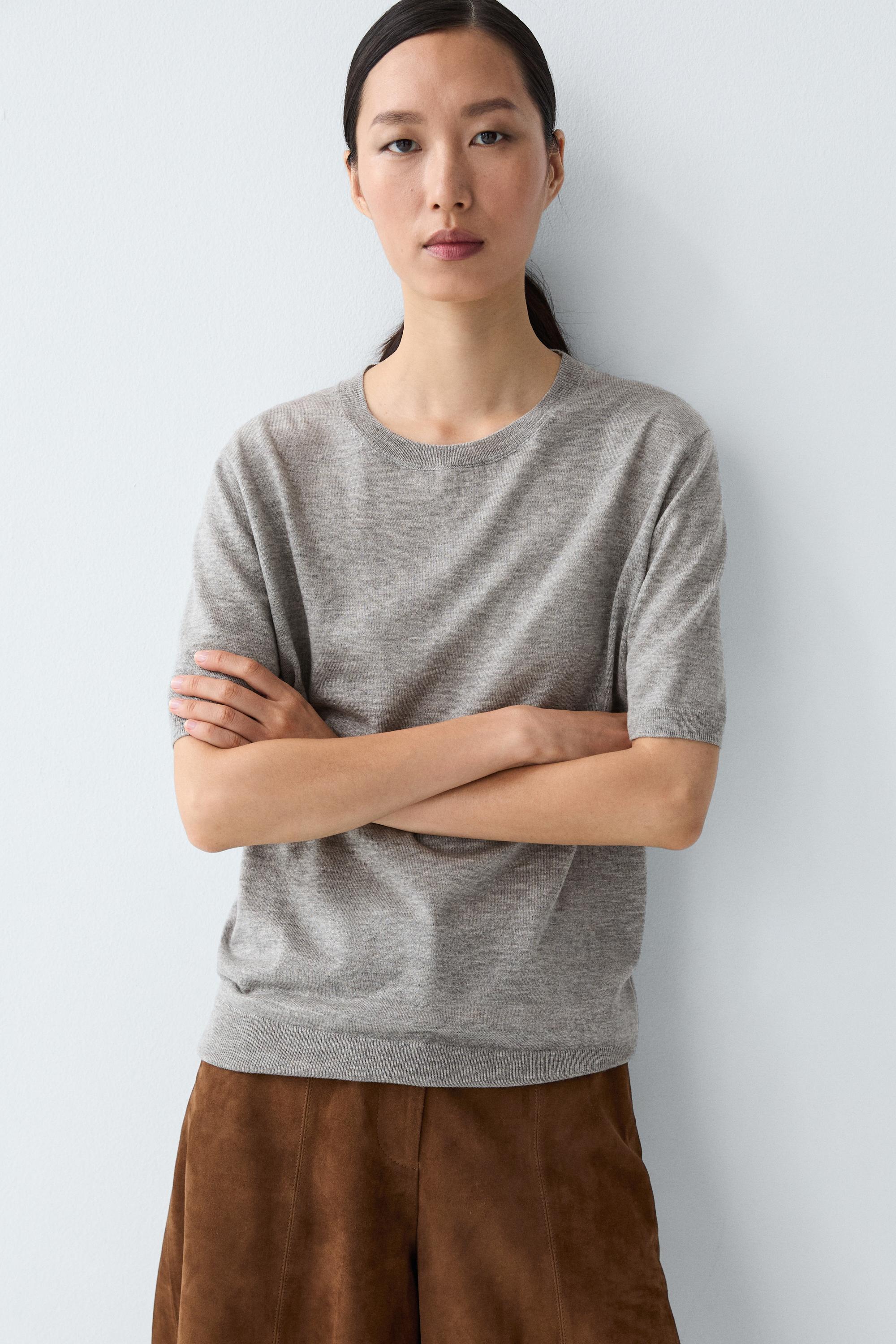Short-sleeve fine-knit sweater — GREY MARL