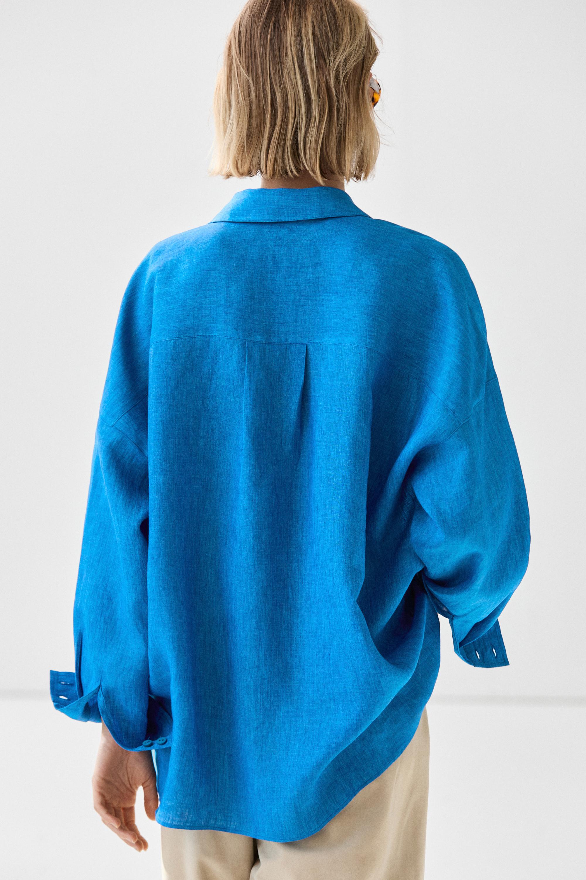 100% linen flowing blouse — BLUE