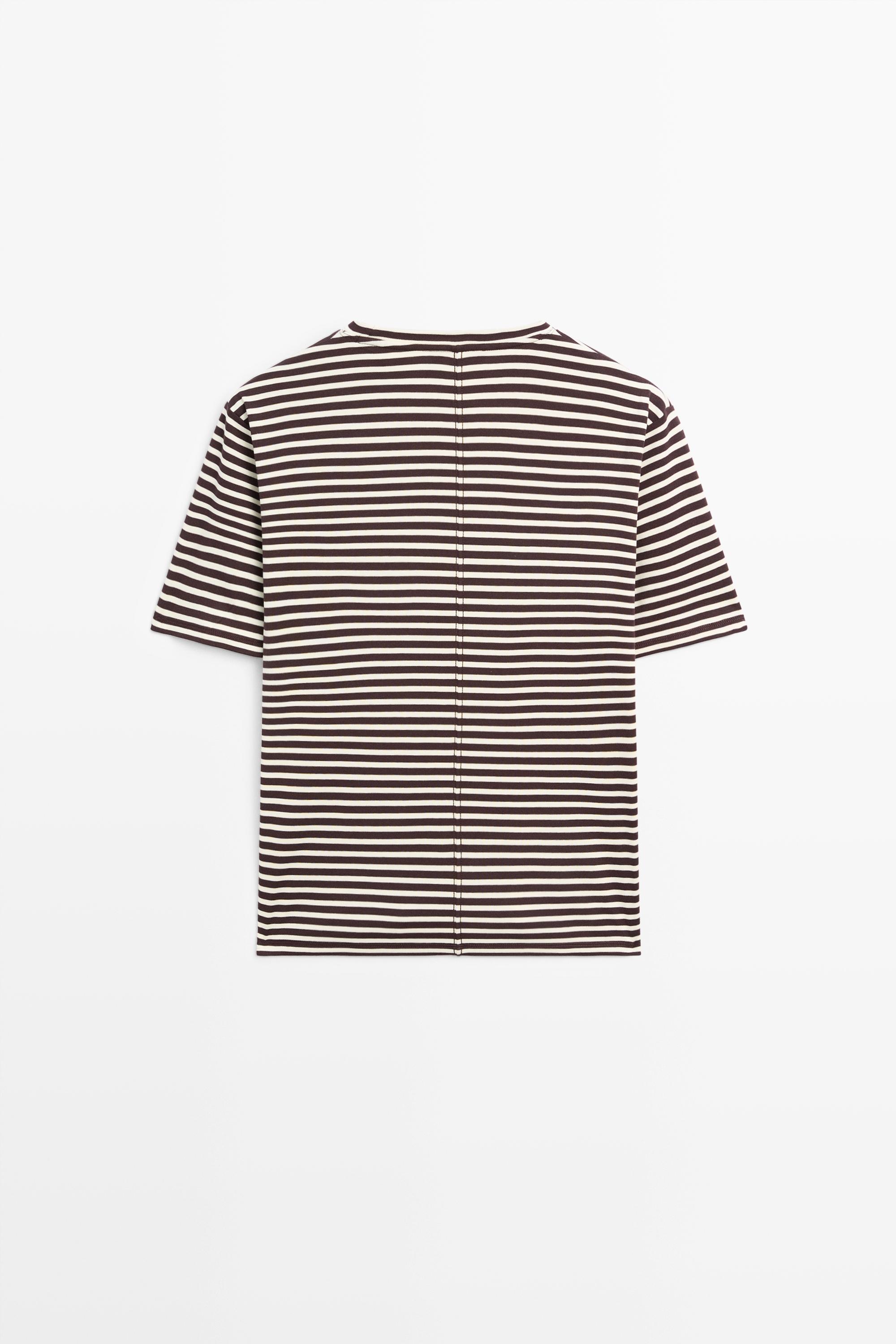 100% cotton striped short sleeve T-shirt — BROWN