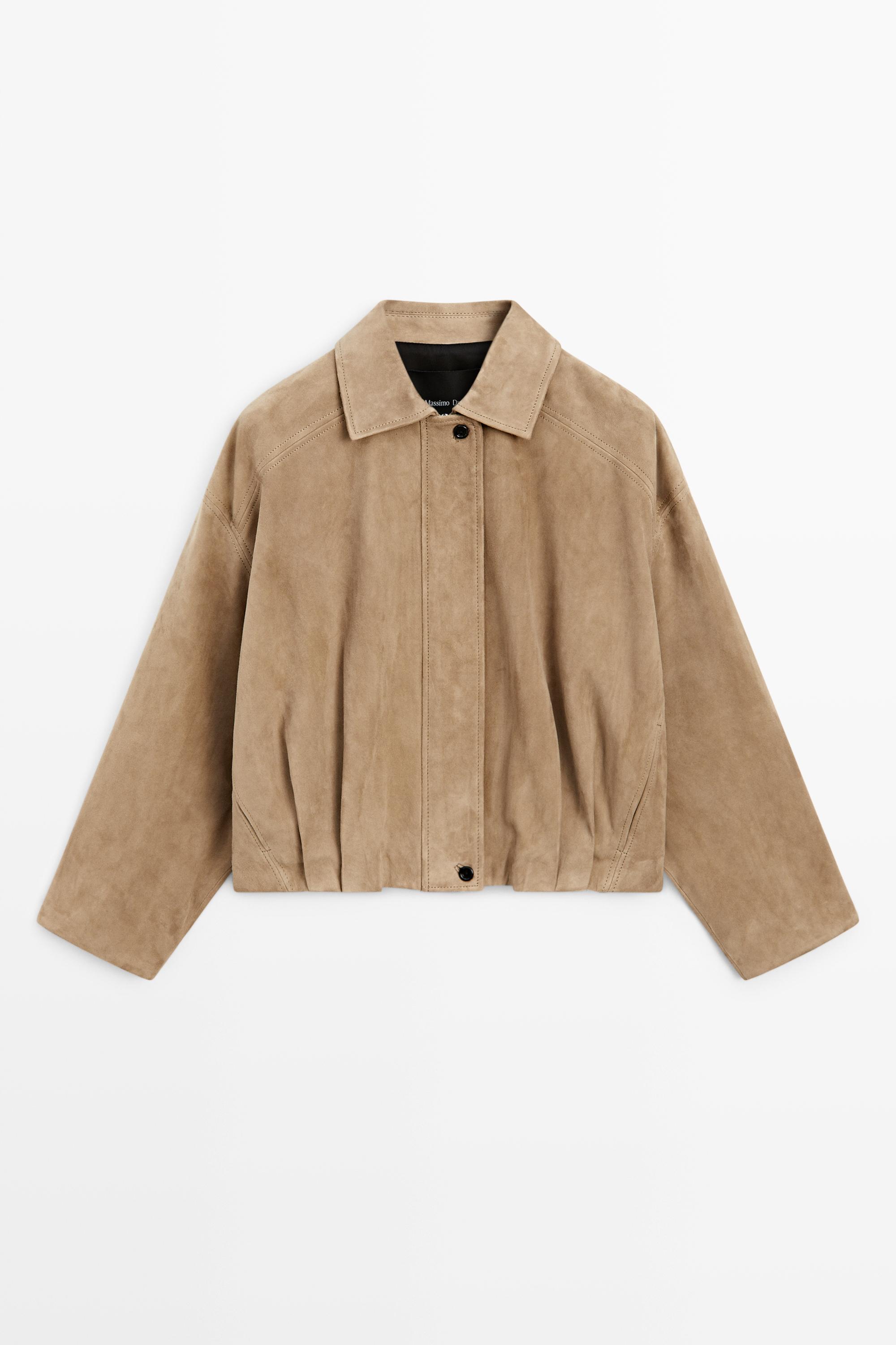 Pleated suede leather bomber jacket