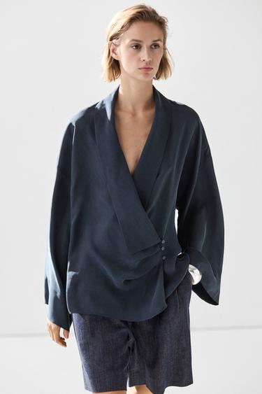 Flowing gathered wrap blouse — NAVY BLUE 3