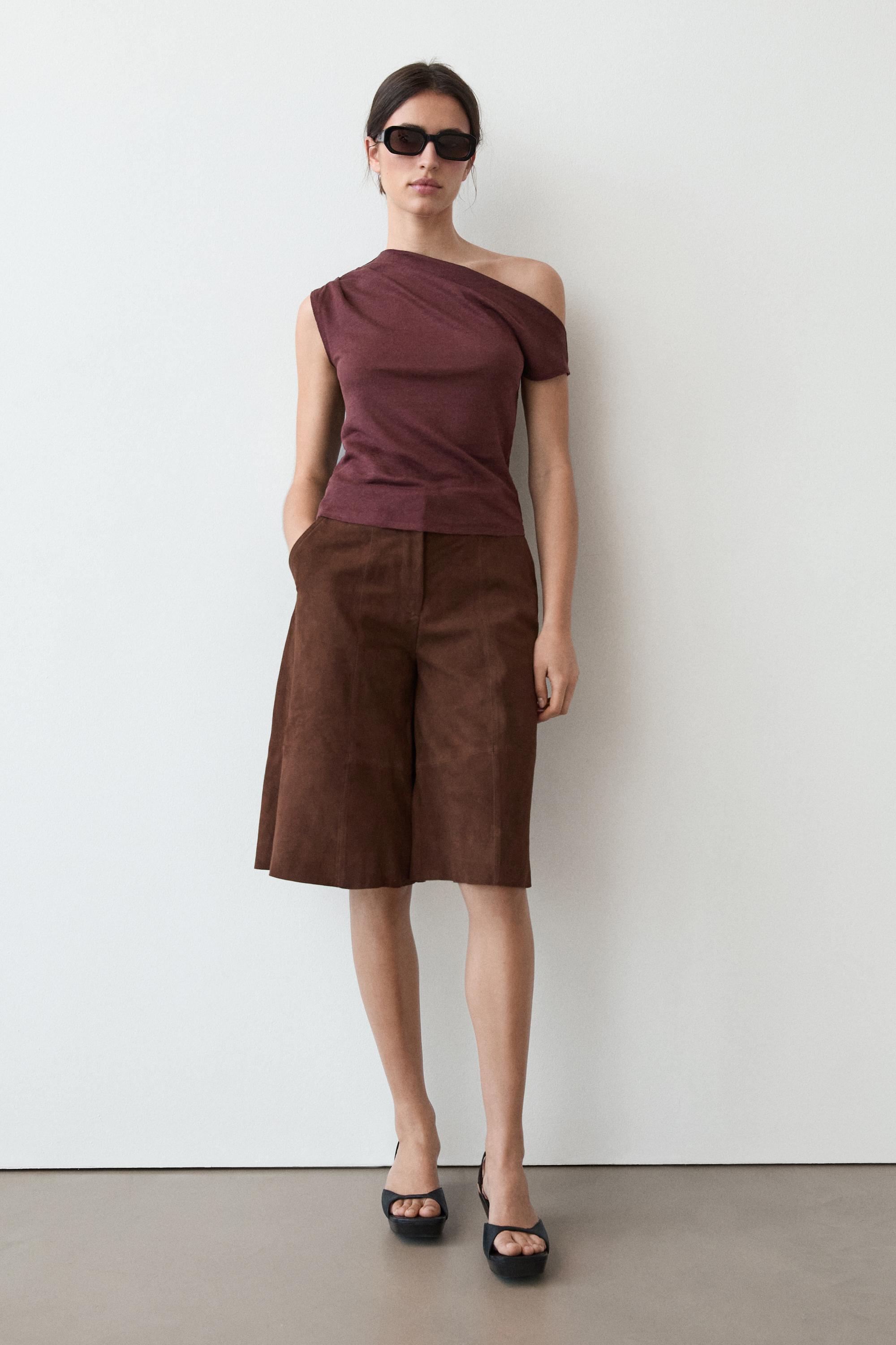 Asymmetric linen blend top with draped detail — BURGUNDY