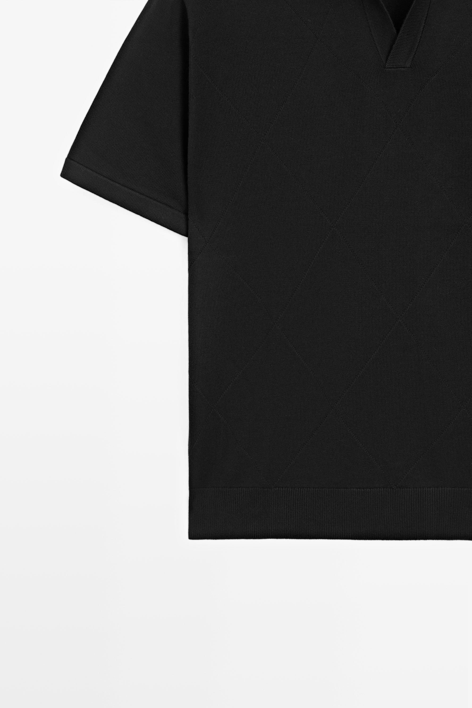 100% cotton intarsia knit polo shirt — BLACK
