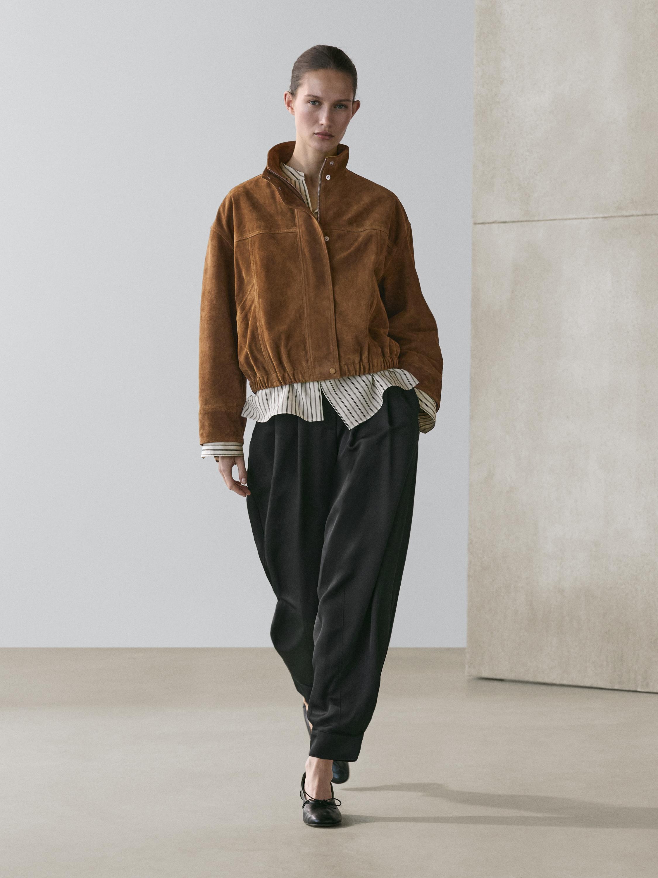 Short suede leather bomber jacket