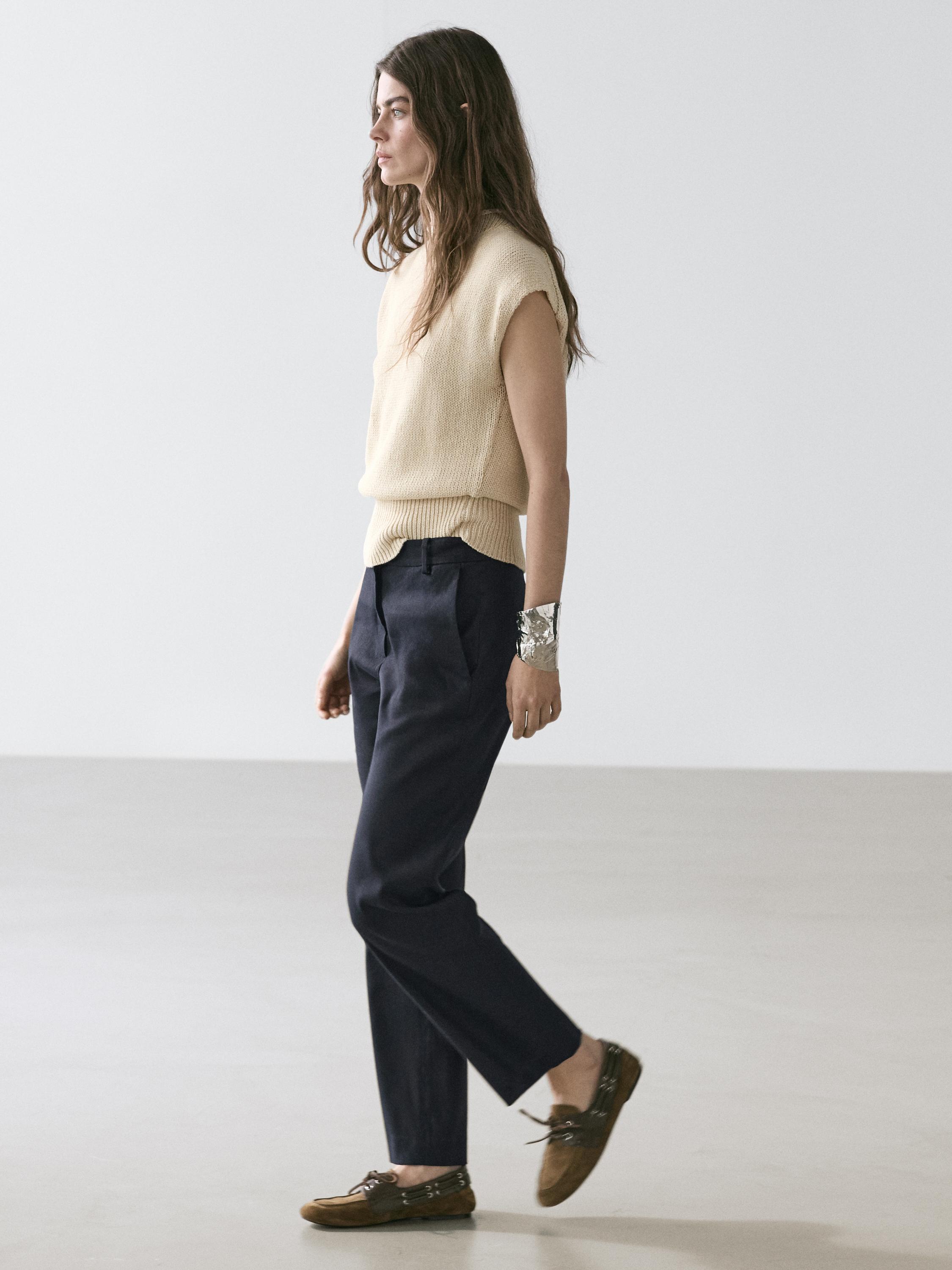 Straight-leg linen blend trousers — NAVY BLUE