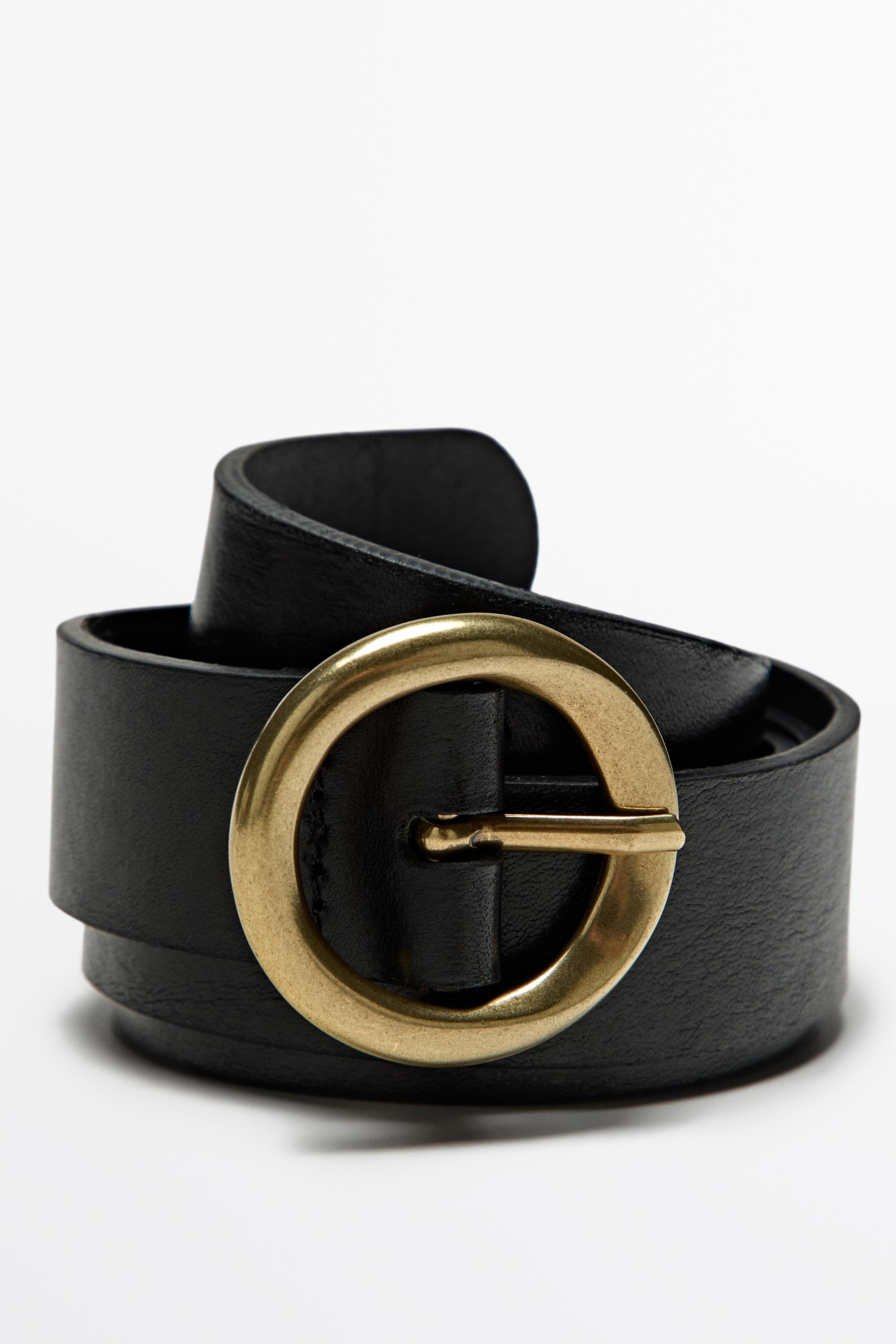 Nappa leather belt with round buckle — BLACK
