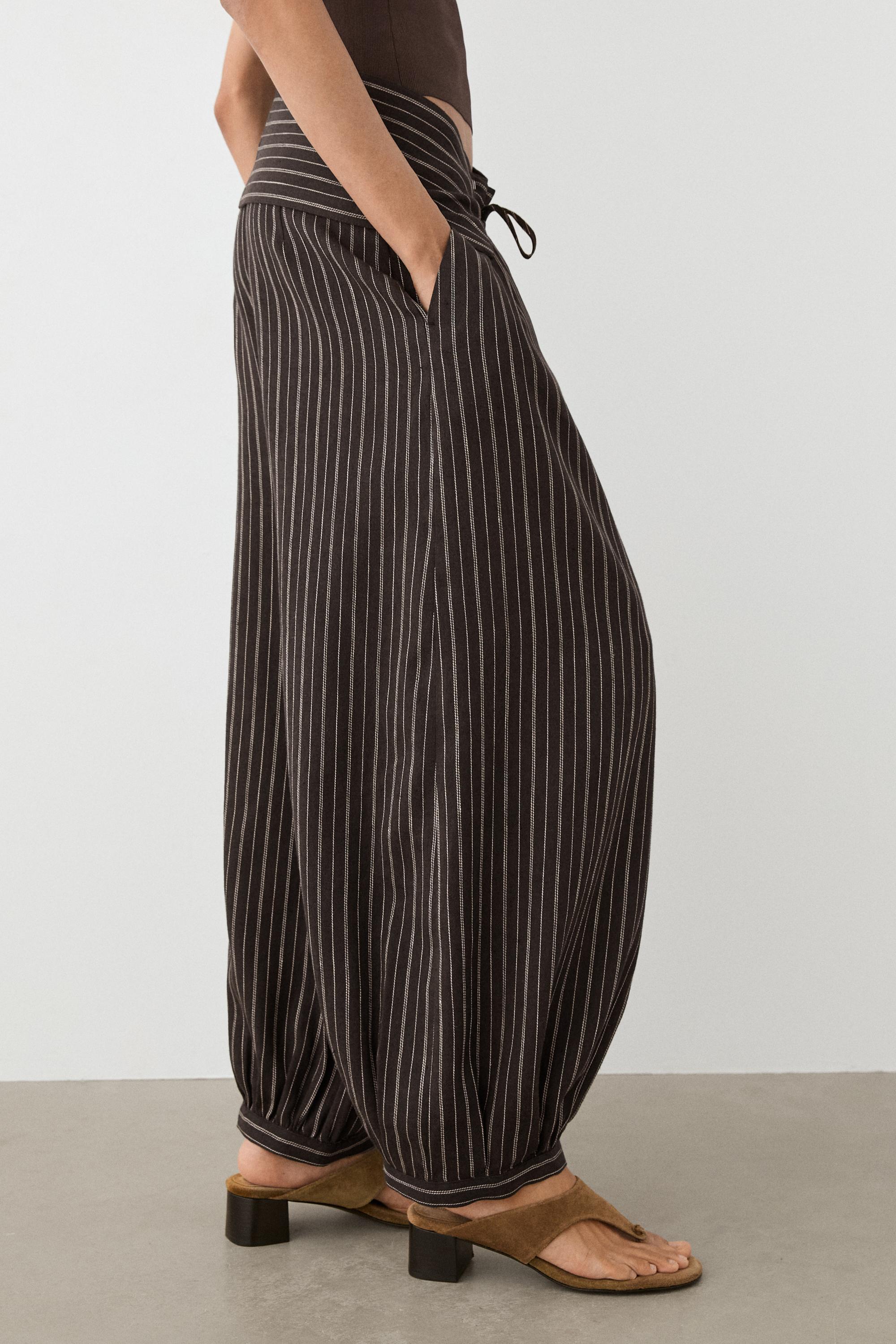 Striped sarouel trousers with cummerbund detail — BROWN
