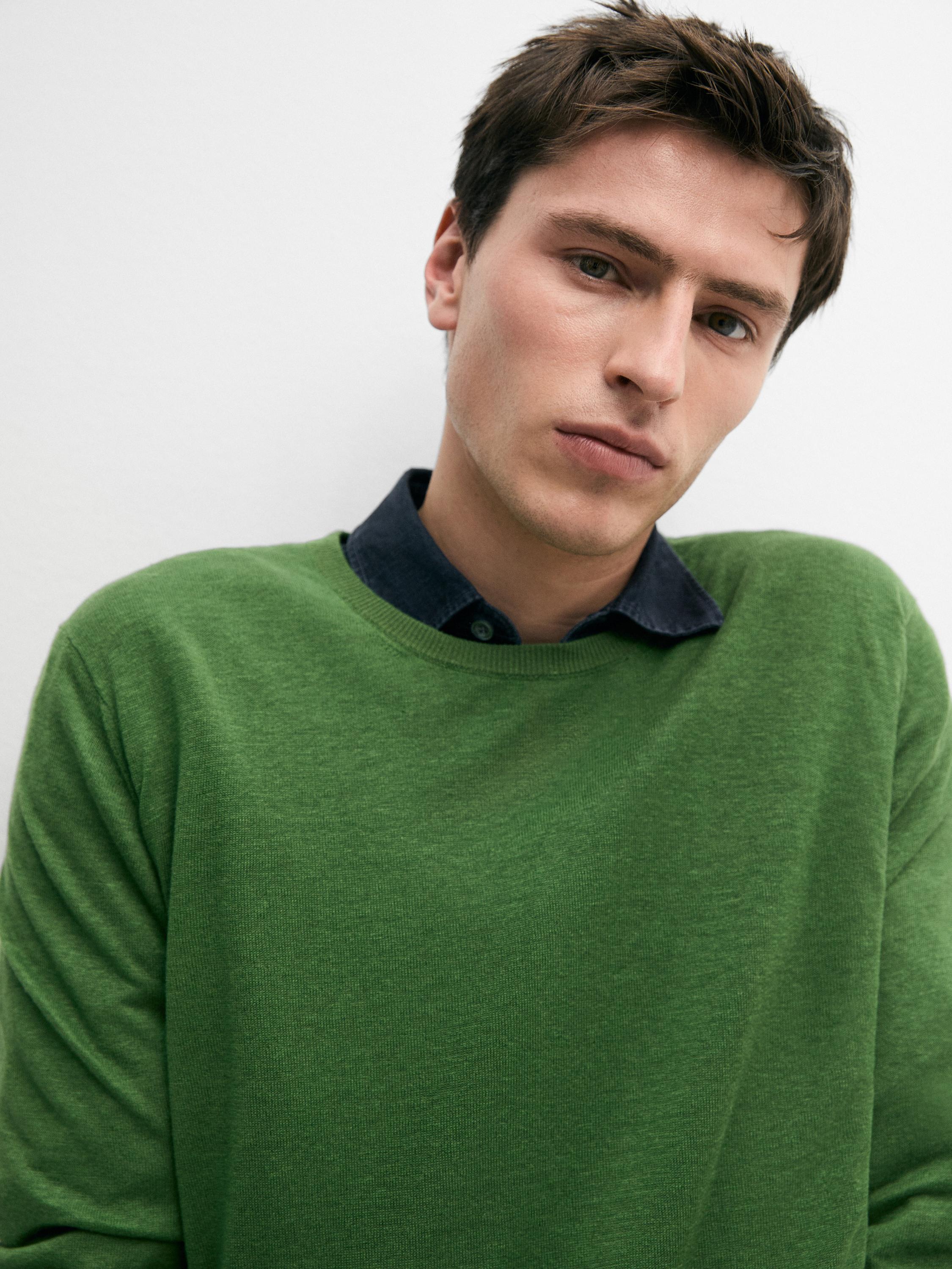 Linen and cashmere knit crew neck sweater — LIME GREEN