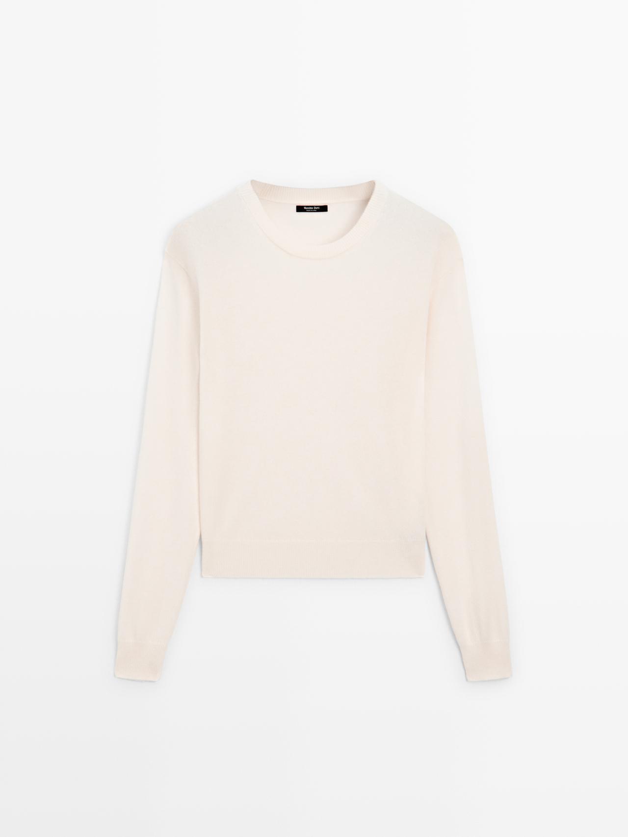 Massimo Dutti - Dame - Striktrøje I Uldblanding Med Rund Hals - Råhvid - L