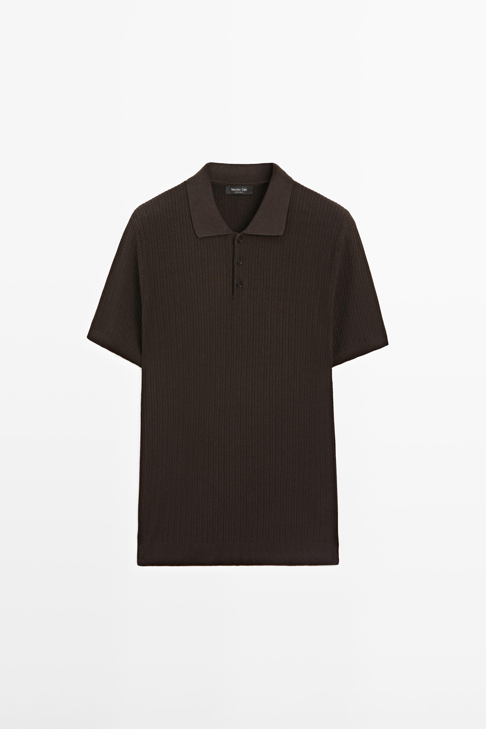 100% cotton textured knit polo sweater — BROWN MARL
