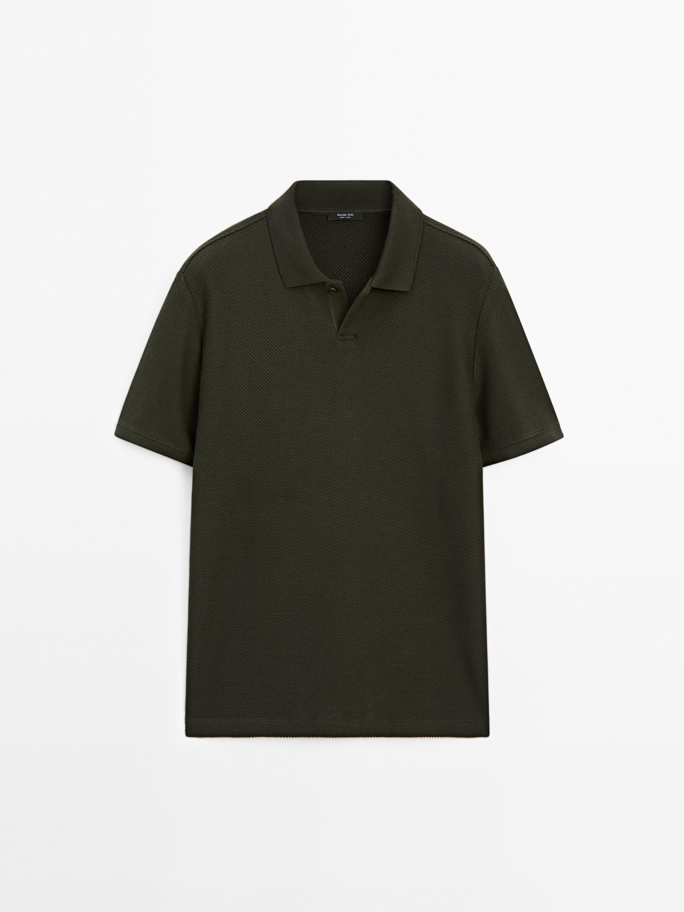 Textured V-neck cotton polo shirt