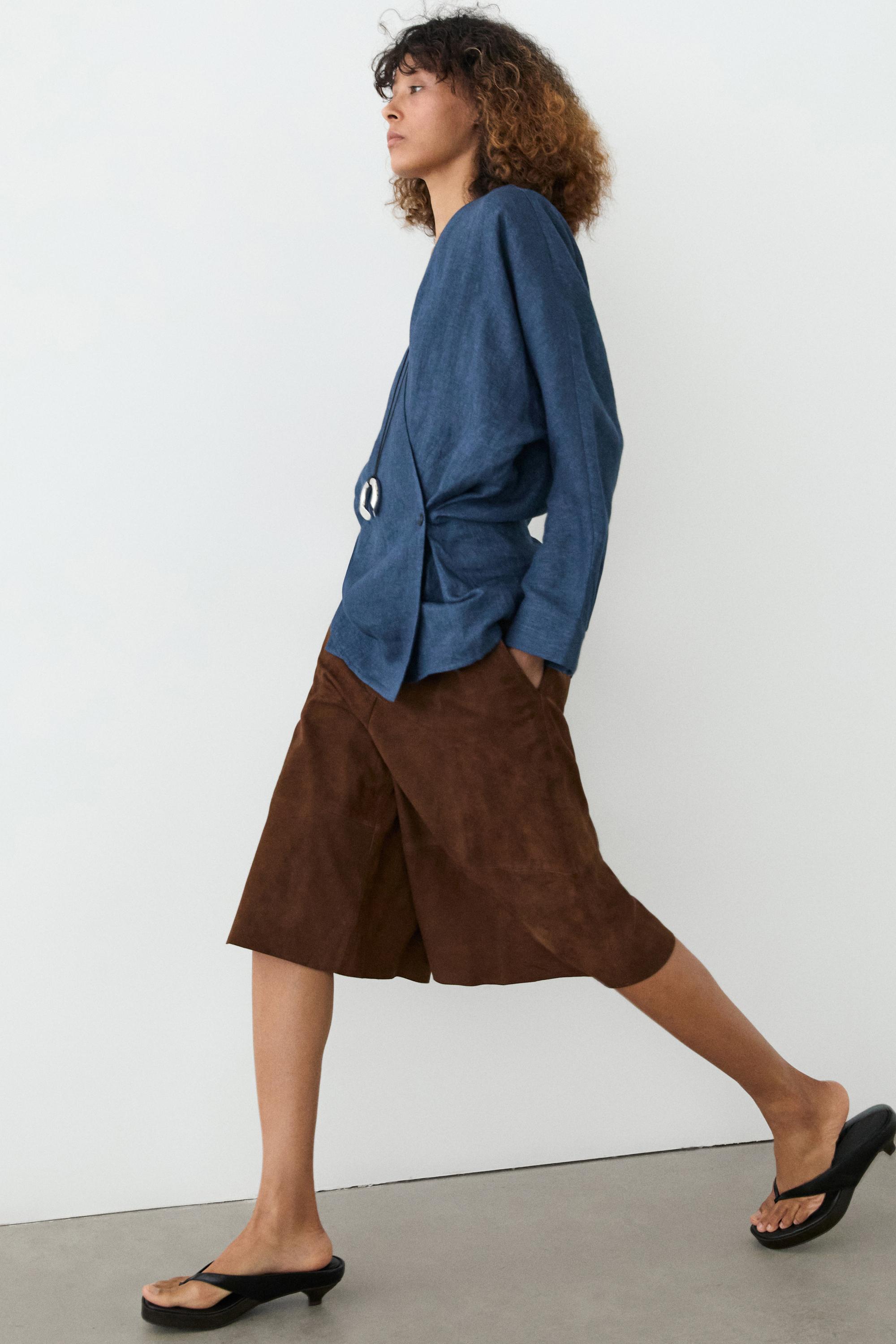 Linen total look denim-effect kimono — BLUE