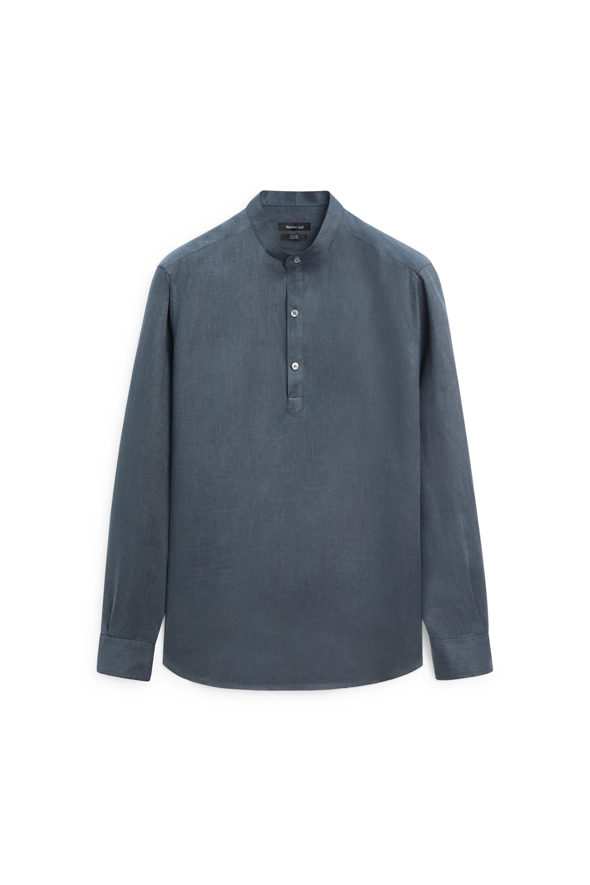 Regular fit stand collar 100% linen shirt — PETROLEUM
