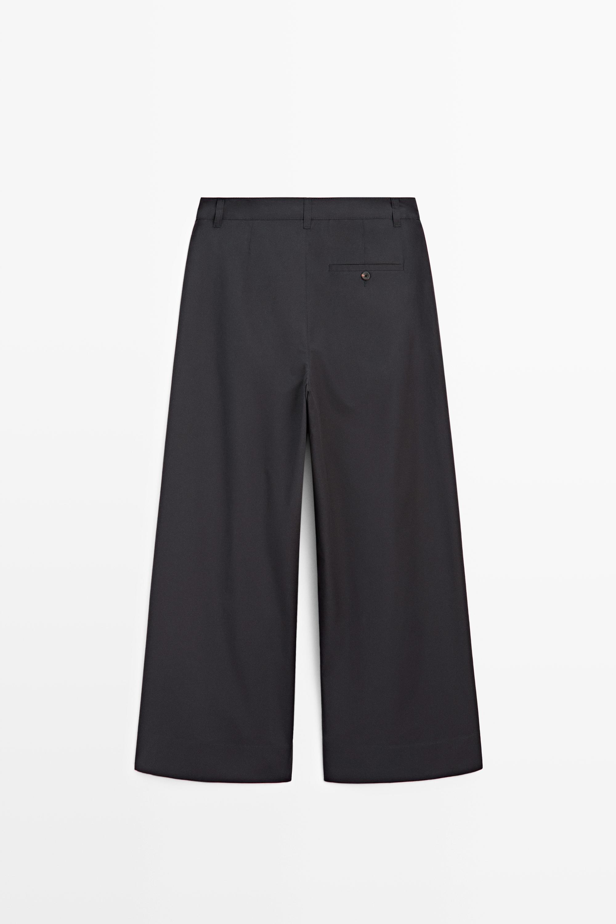 Cotton blend wide-leg pleated trousers · Deep Blue · Trousers