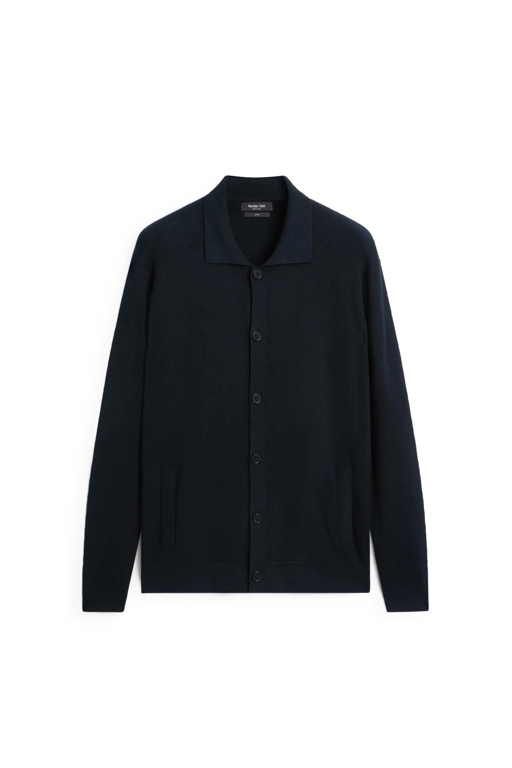 100% cotton polo collar knit cardigan — NAVY BLUE