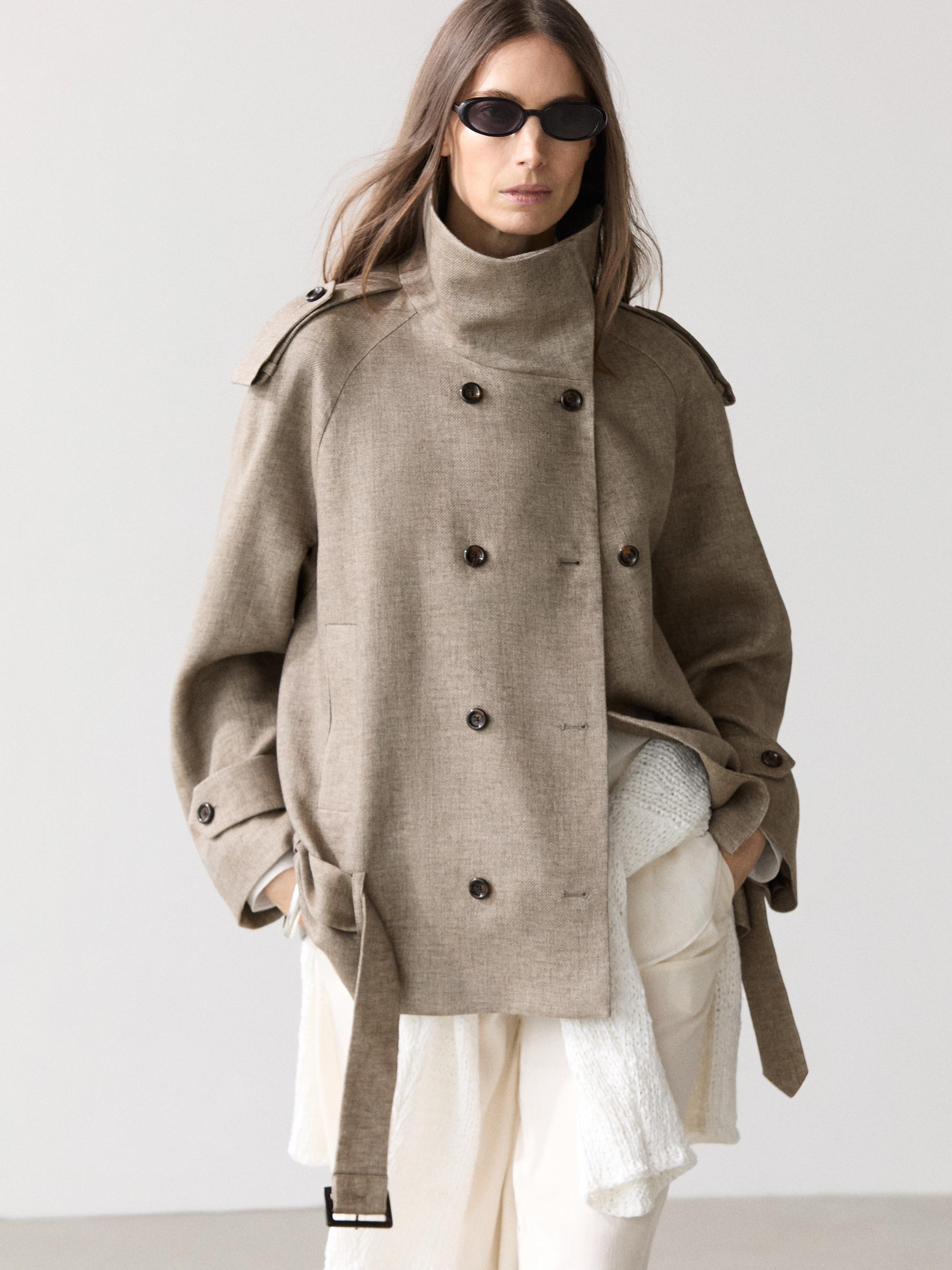 Linen melange high neck trench coat — TAUPE GREY