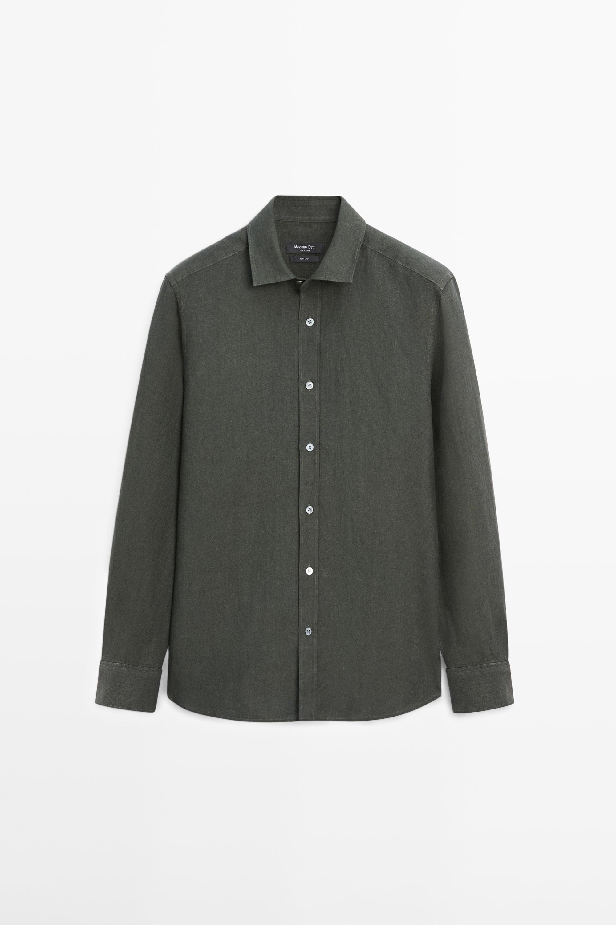 Regular fit 100% linen delavé shirt — GREEN