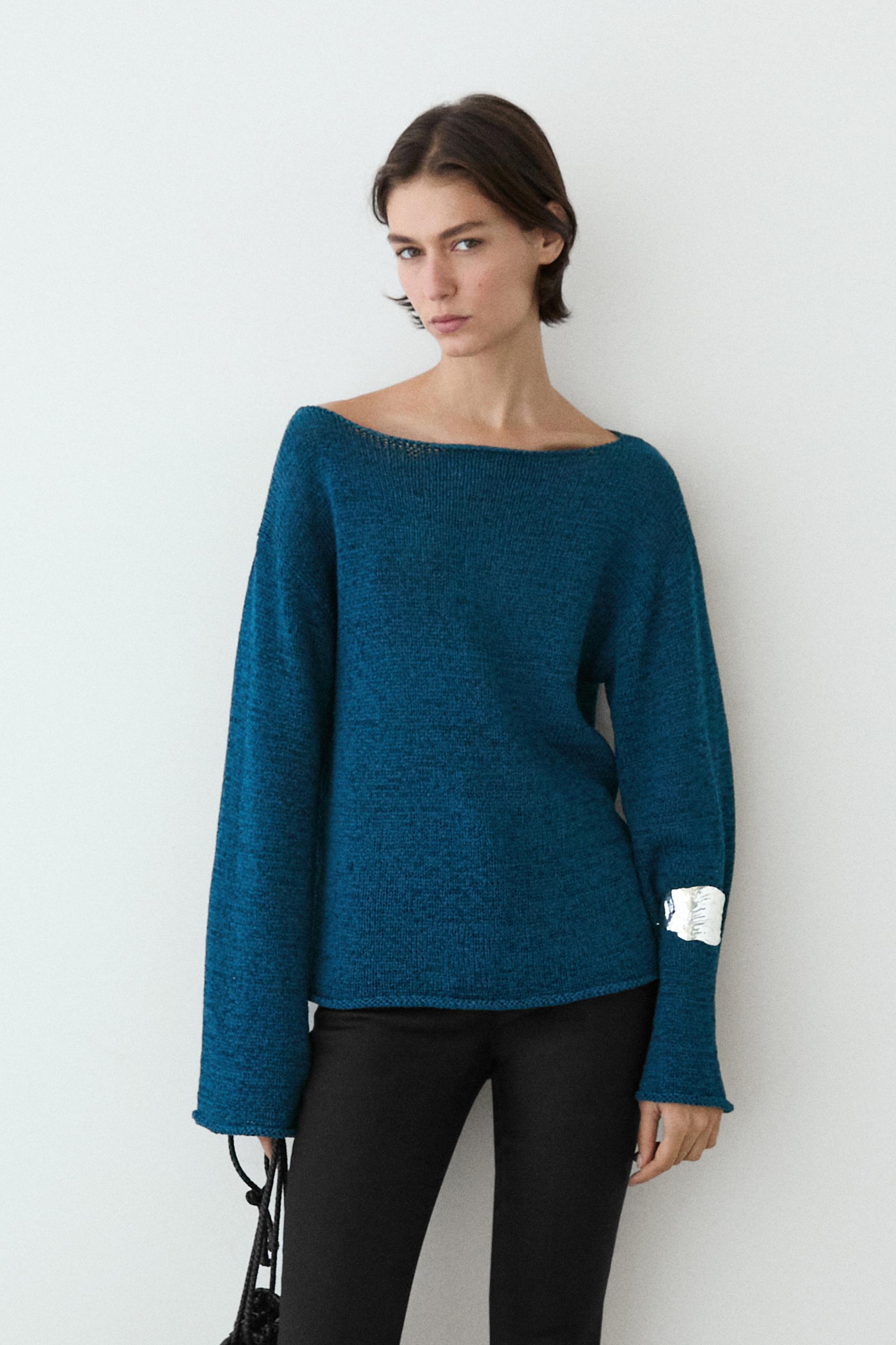 Cotton blend cutwork sweater — BLUE