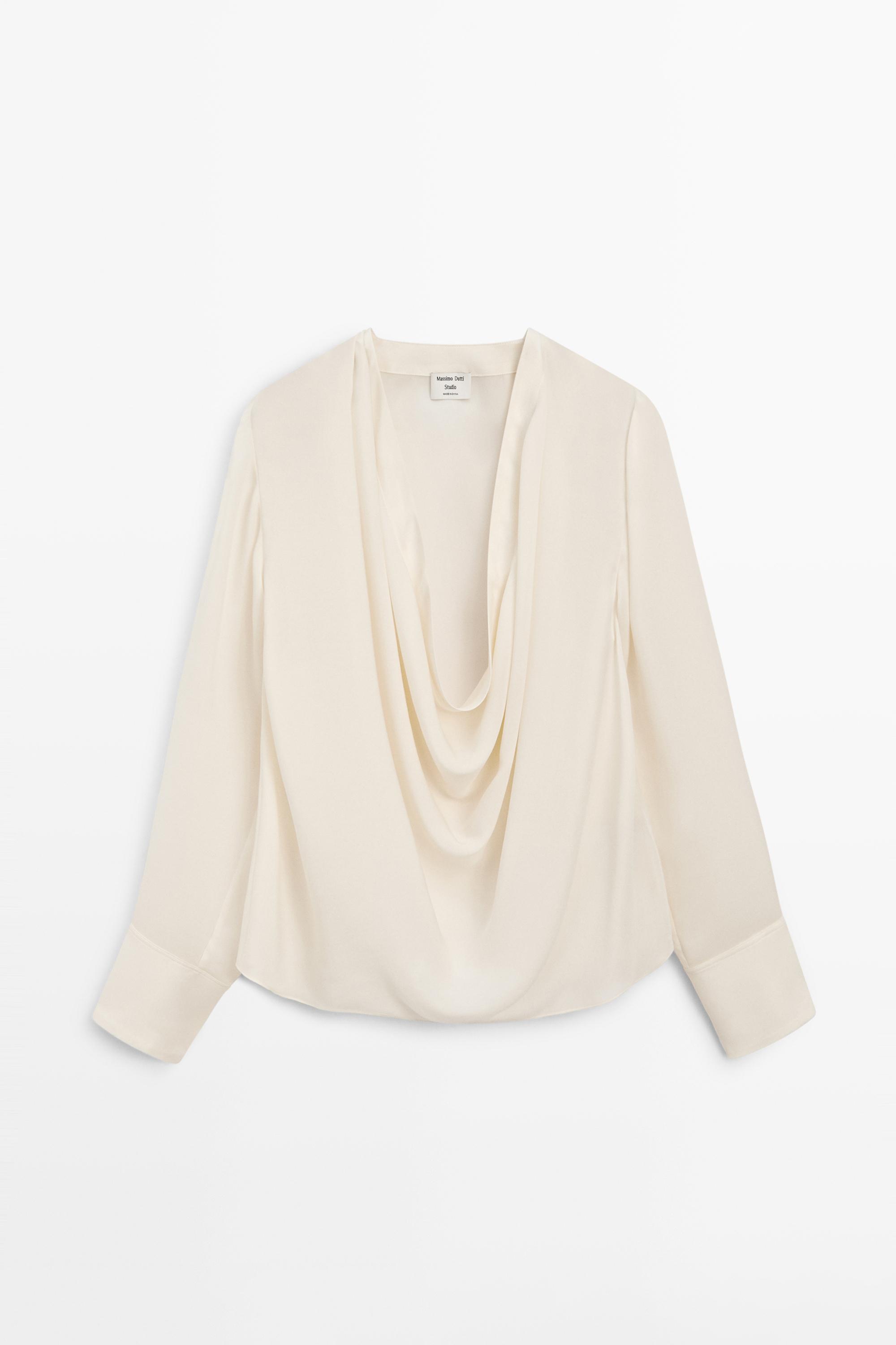 Flowing silk blouse with cowl neckline - STUDIO — CREAM