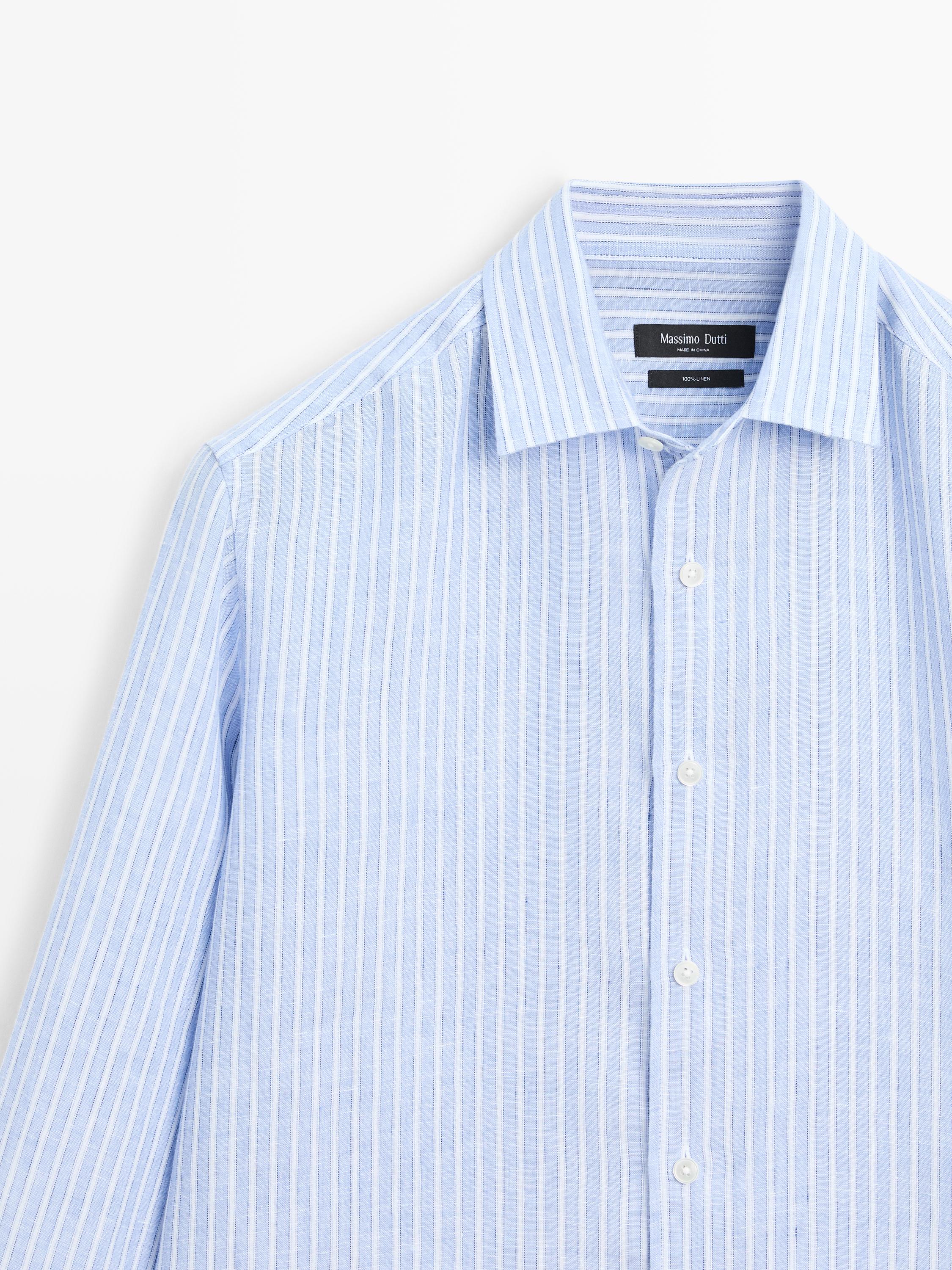 Regular fit striped linen shirt — Light Blue