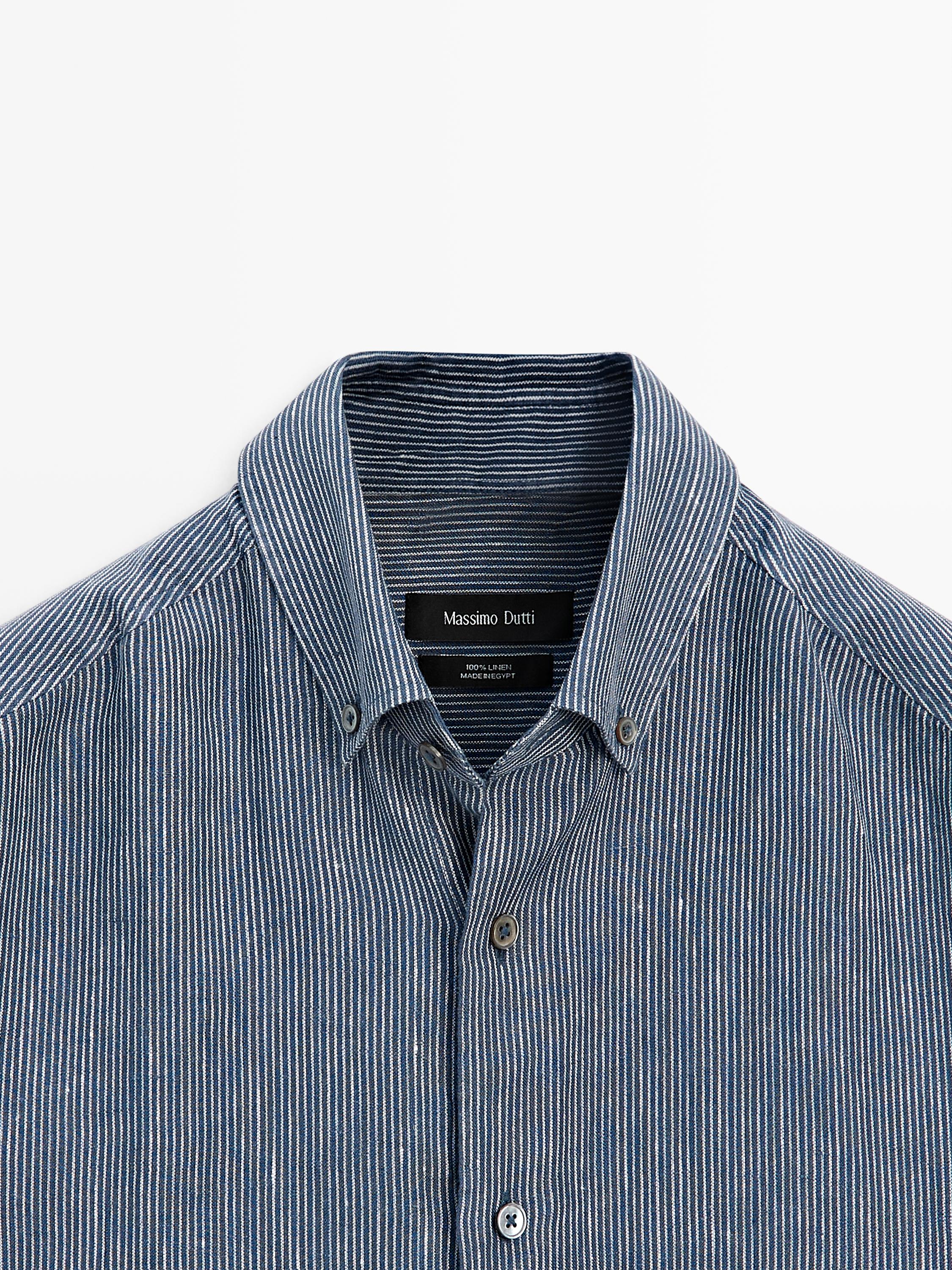 100% linen pinstriped regular fit shirt — NAVY BLUE