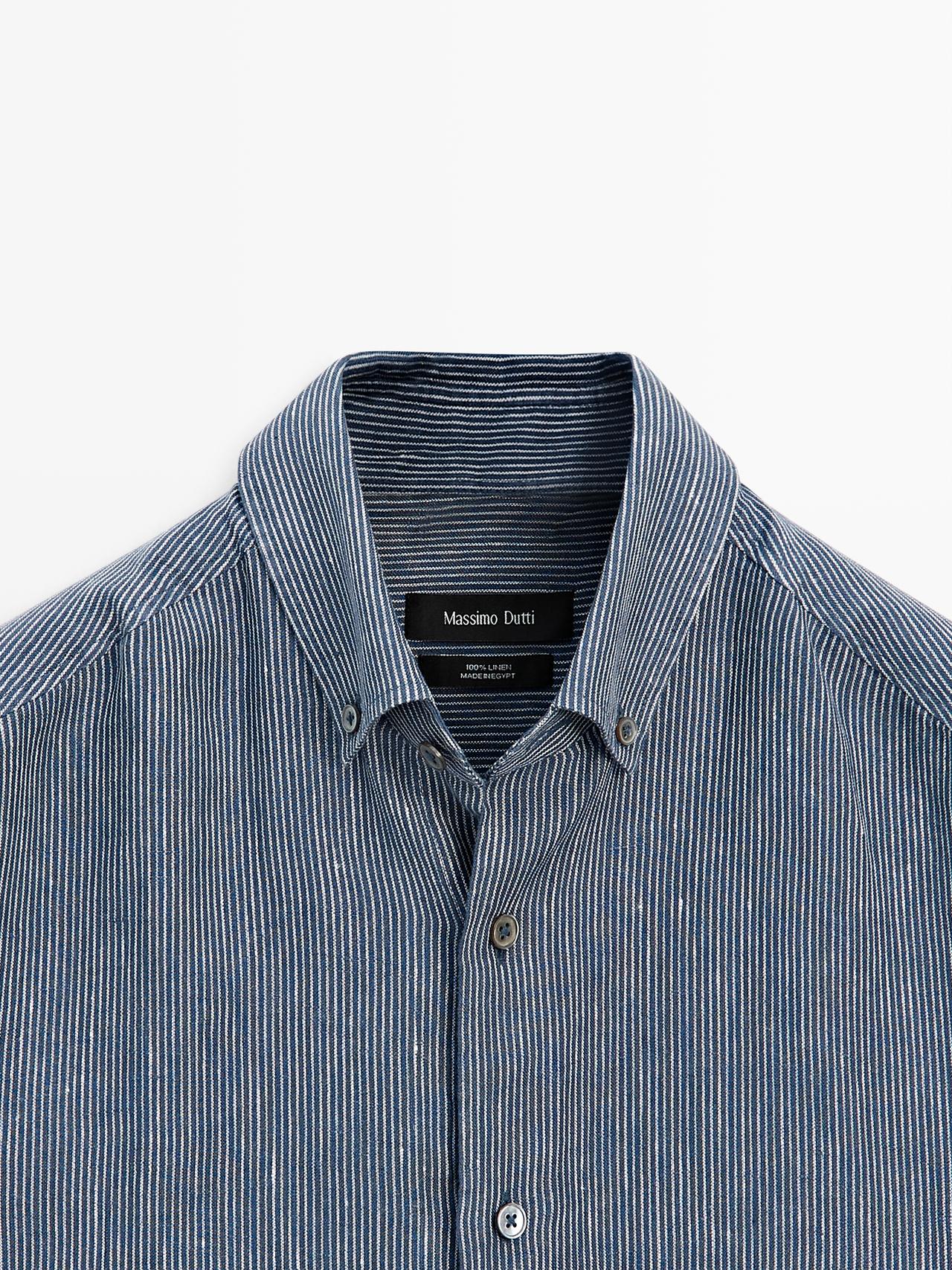 100% linen pinstriped regular fit shirt — NAVY BLUE