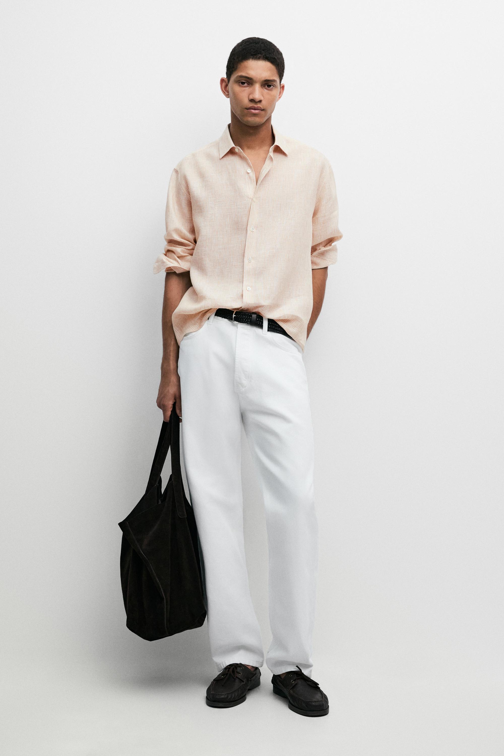 100% linen regular fit striped shirt — Light Beige