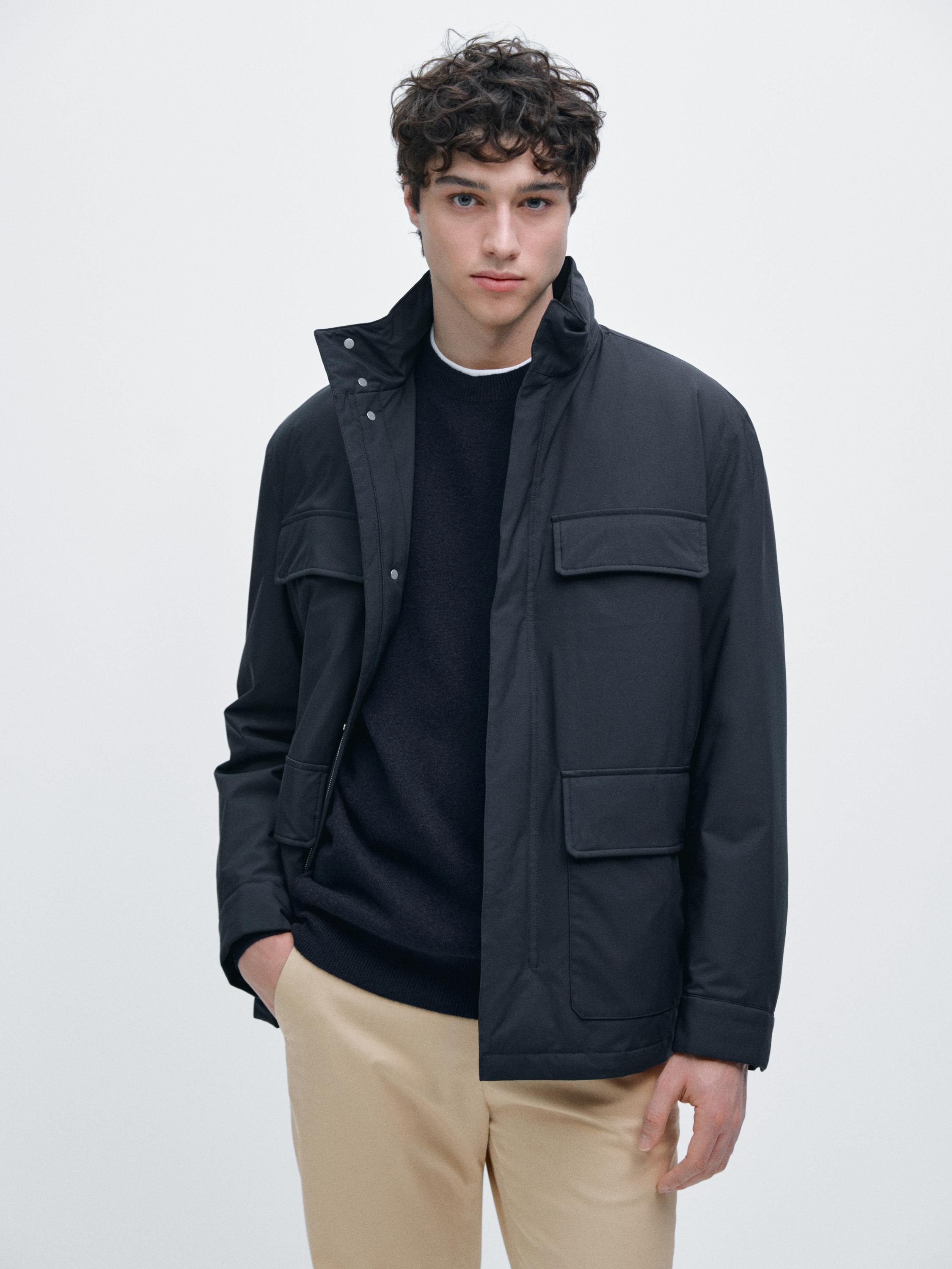 Water-repellent puffer jacket with pockets — NAVY BLUE