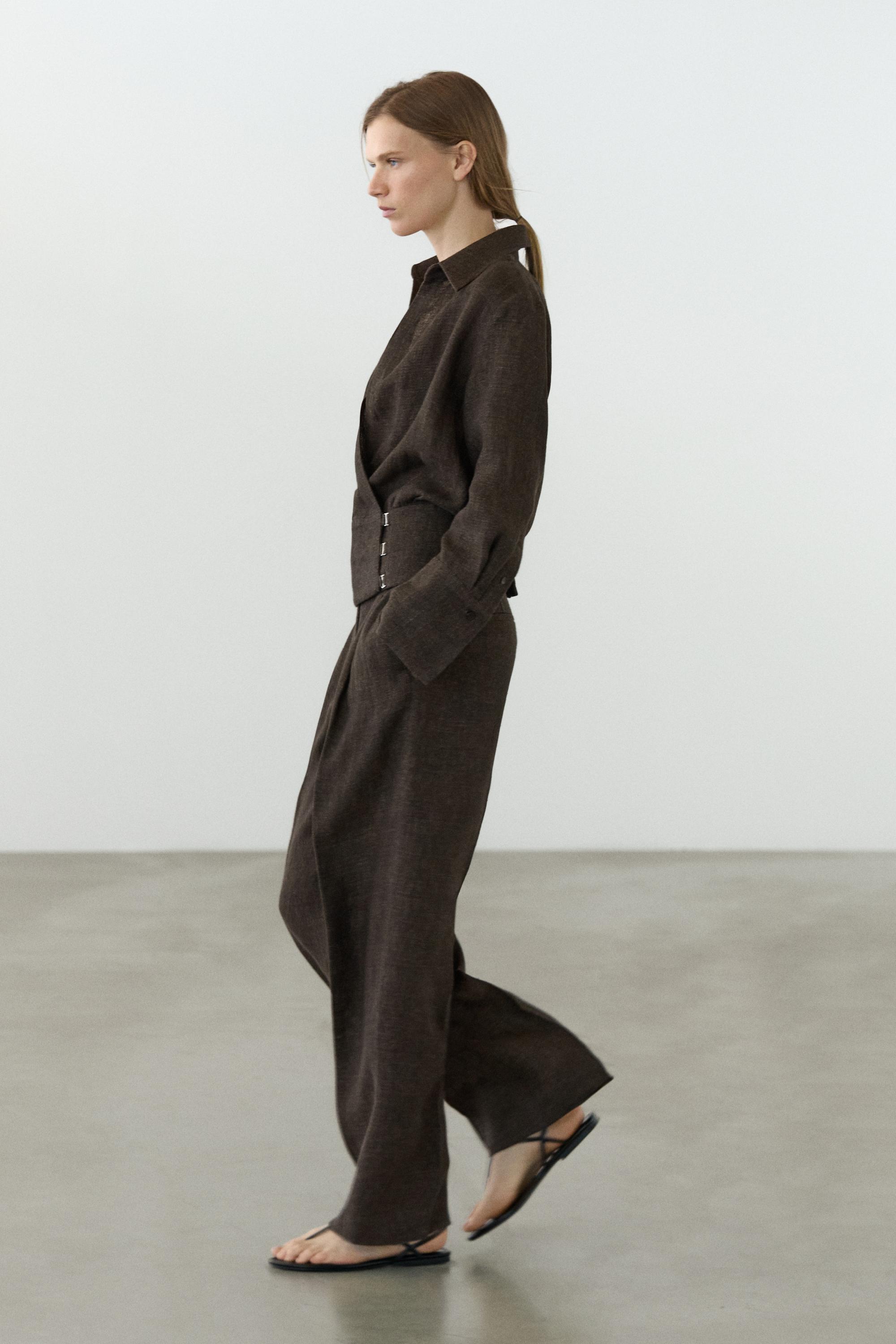 Total look melange linen darted trousers — MOLE BROWN