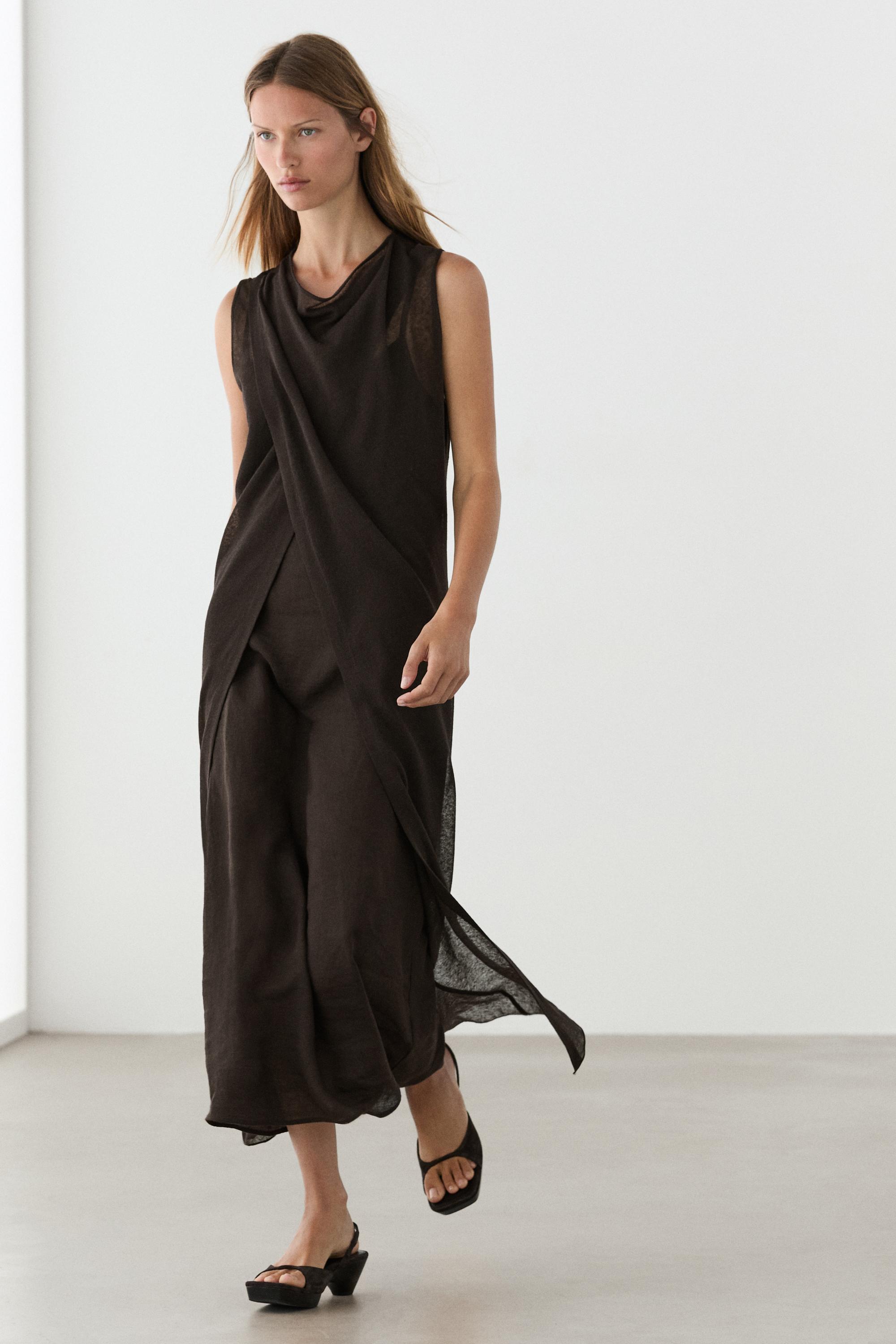 Linen blend crossover dress — BROWN