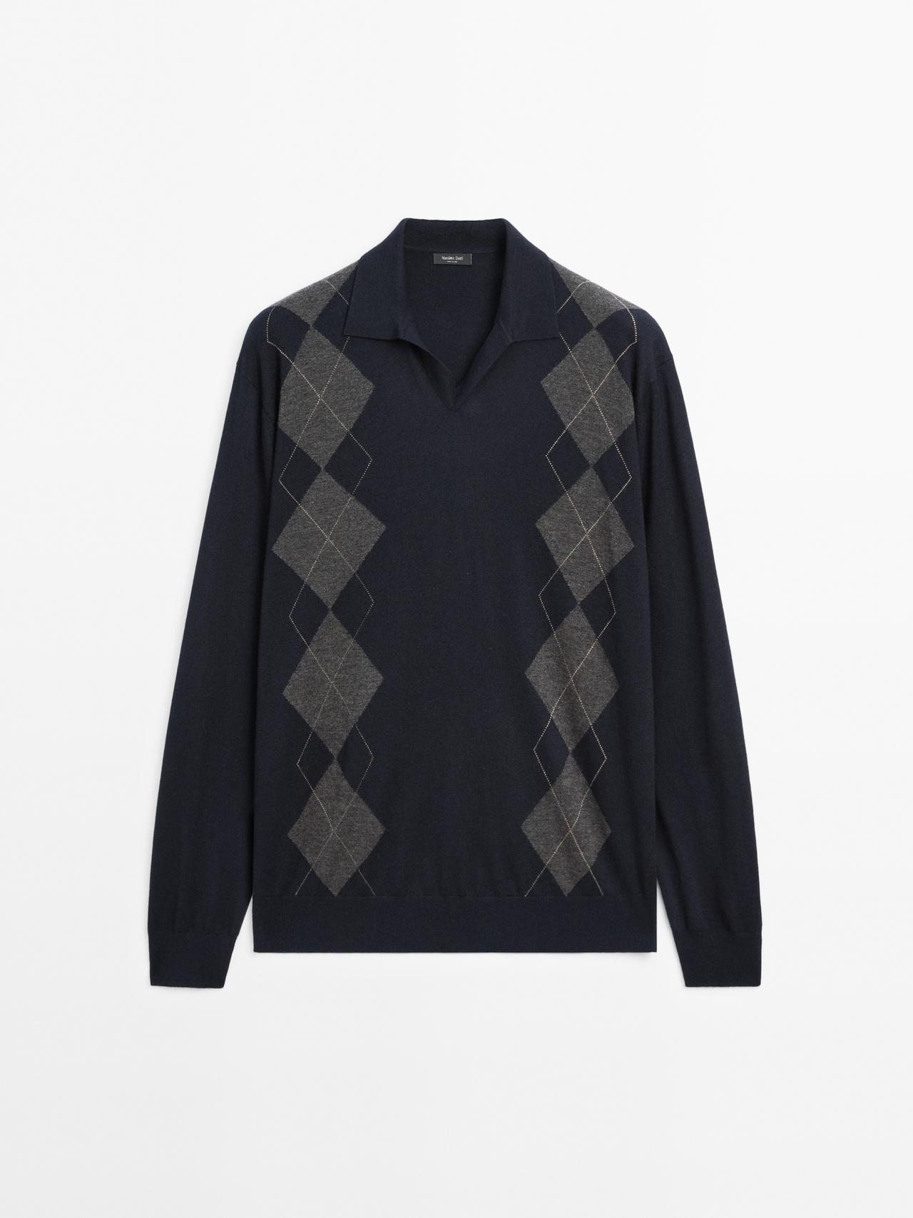 Massimo Dutti - Herre - Diamond Knit Polo Jumper With Wool - Marineblå - S