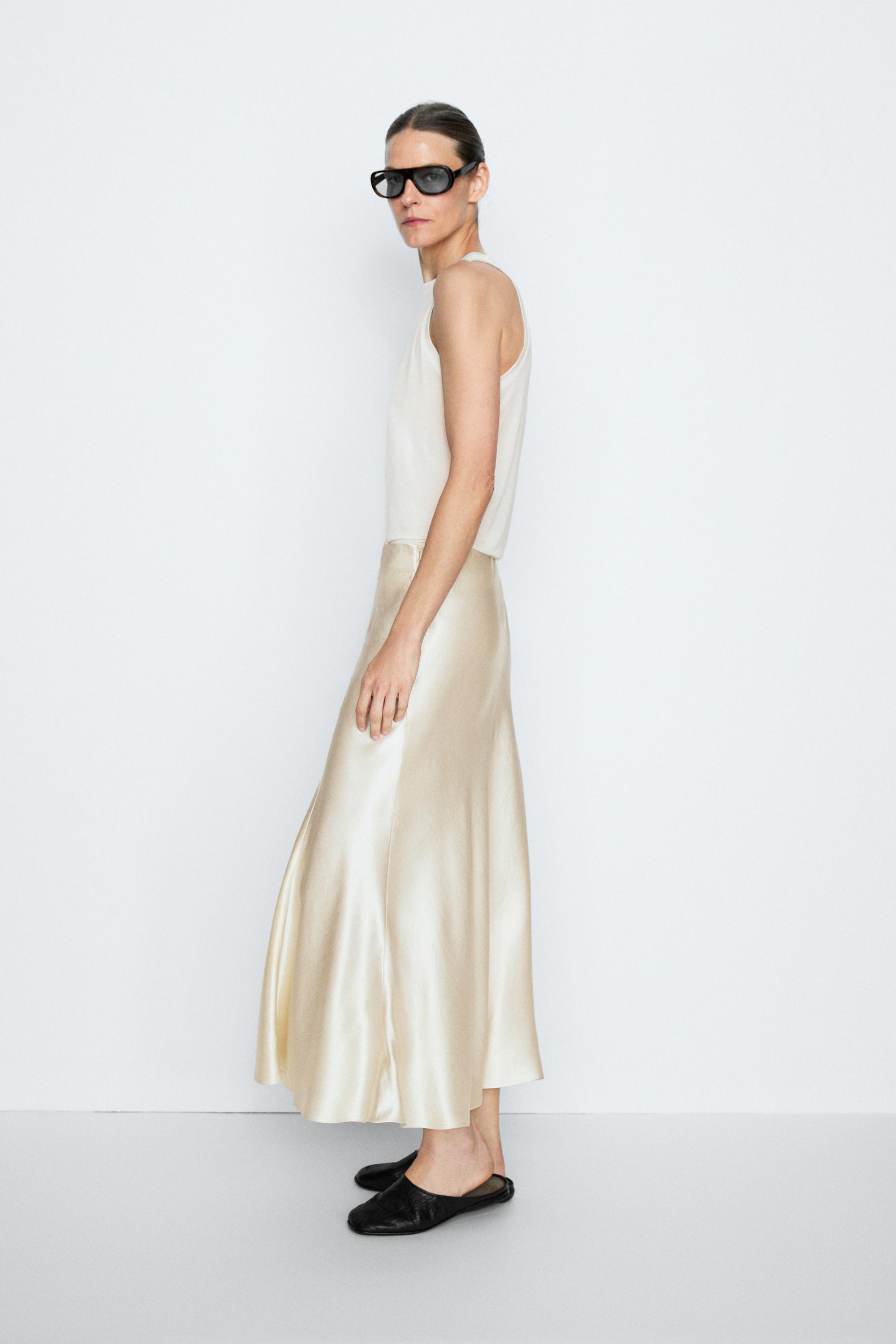 Flowing satin midi skirt - STUDIO — Beige