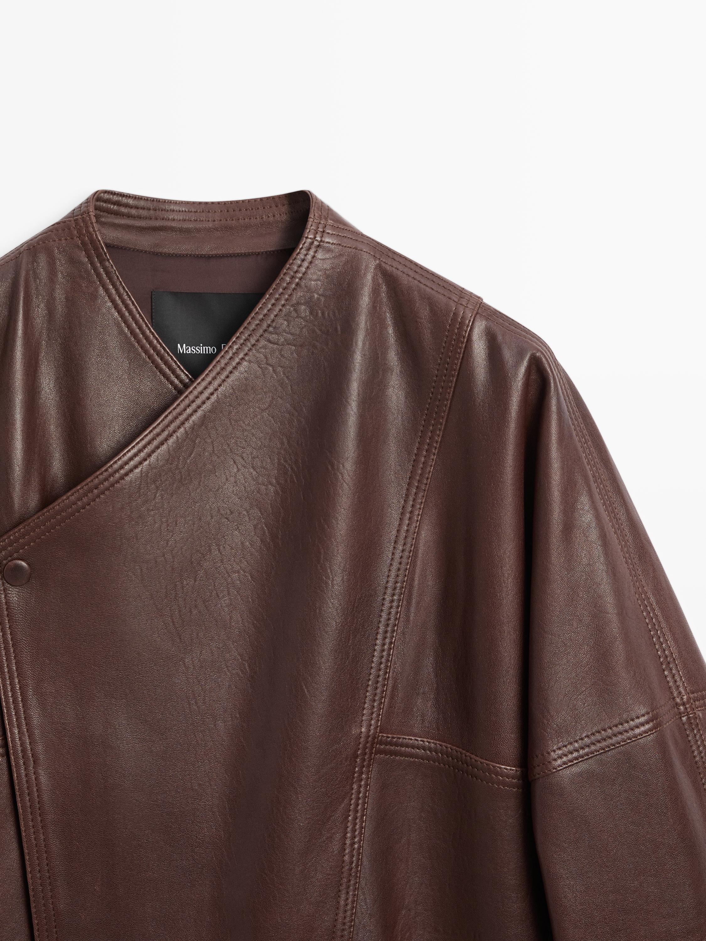 Asymmetric nappa leather bomber jacket — BROWN