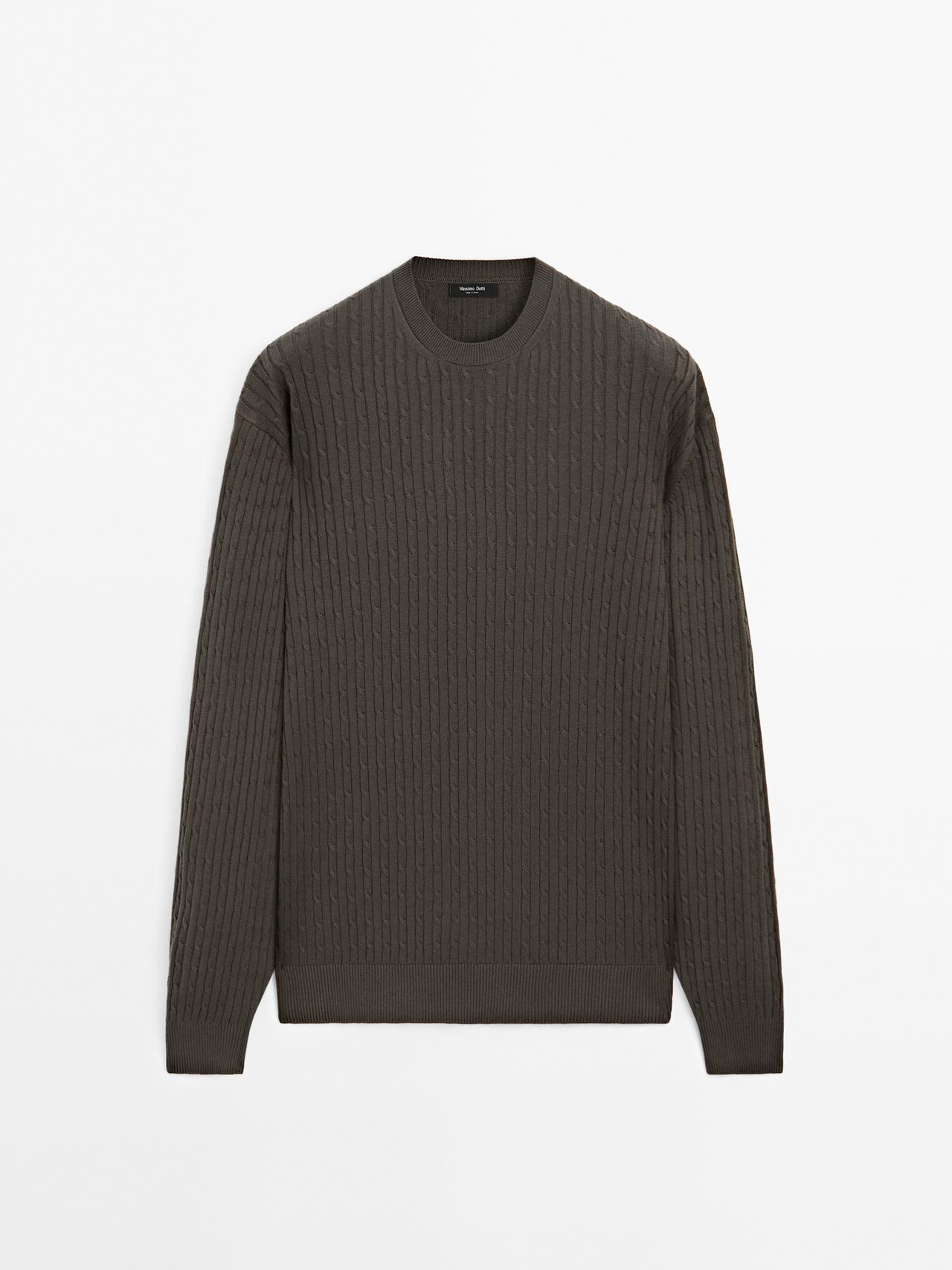 Massimo Dutti - Herre - Kabelstrikket Trøje I Bomuldsblanding - Forvasket Grøn - Xl
