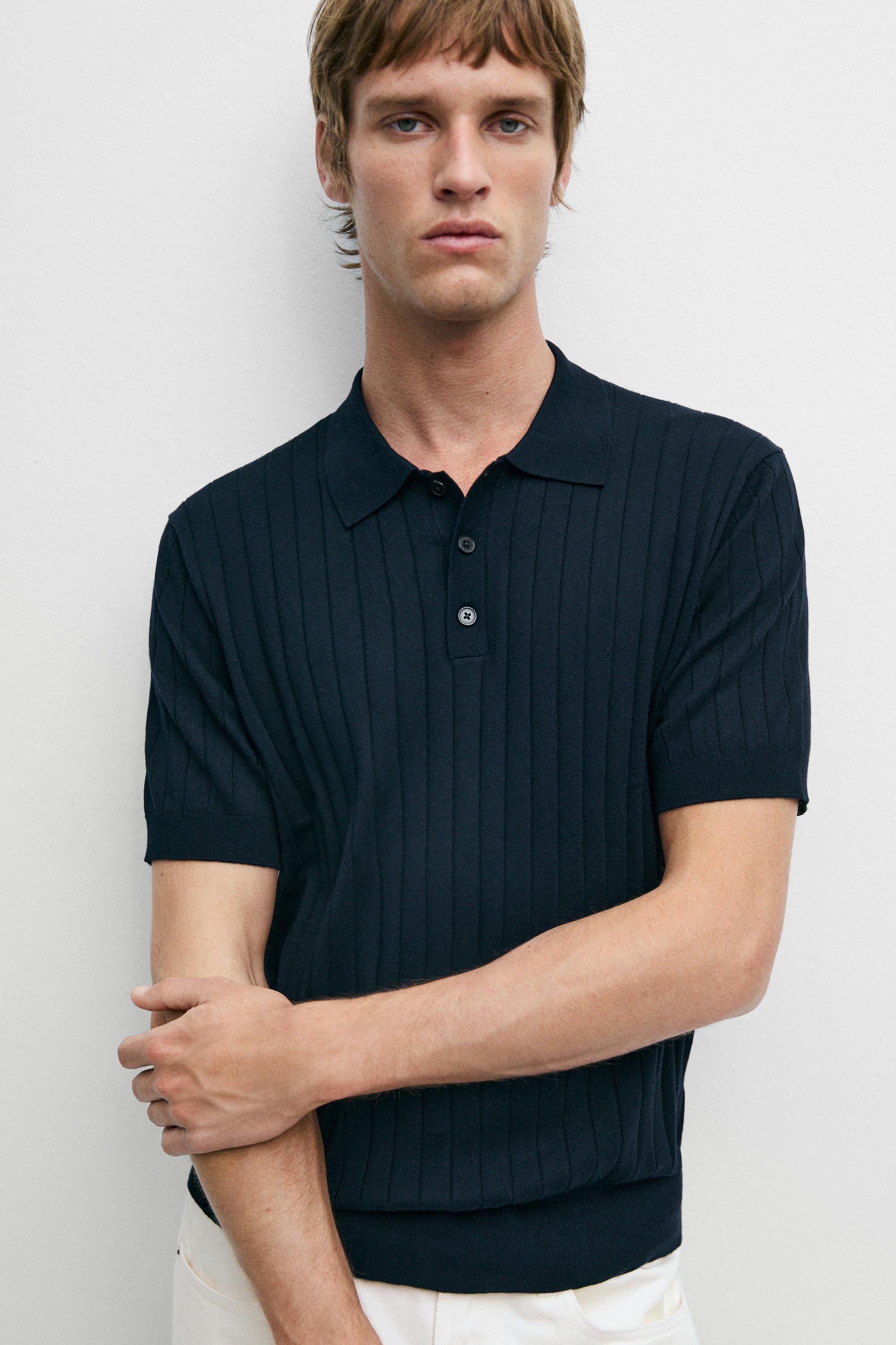 Ribbed knit cotton blend polo shirt — NAVY BLUE