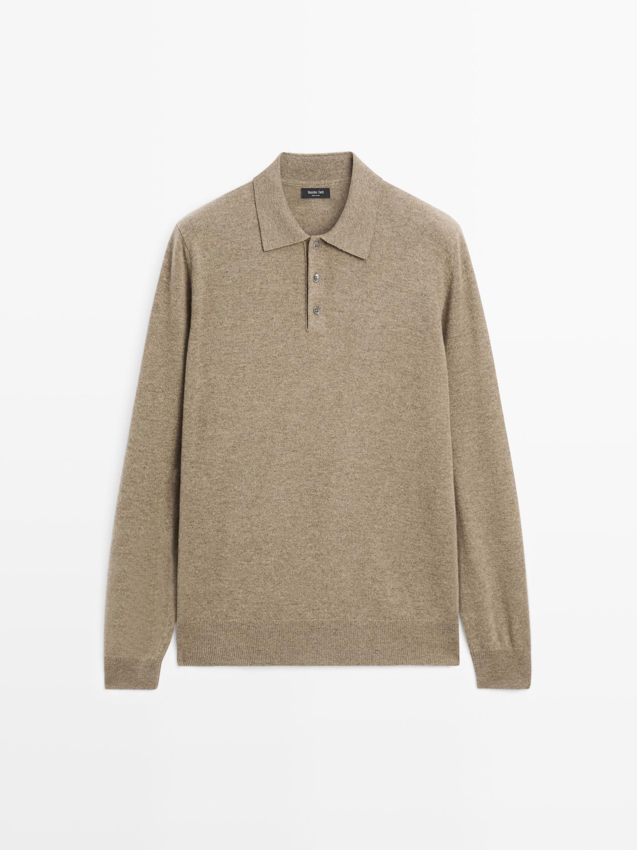 Massimo Dutti - Herre - Strikket Polotrøje I Uldblanding - Kaki - L