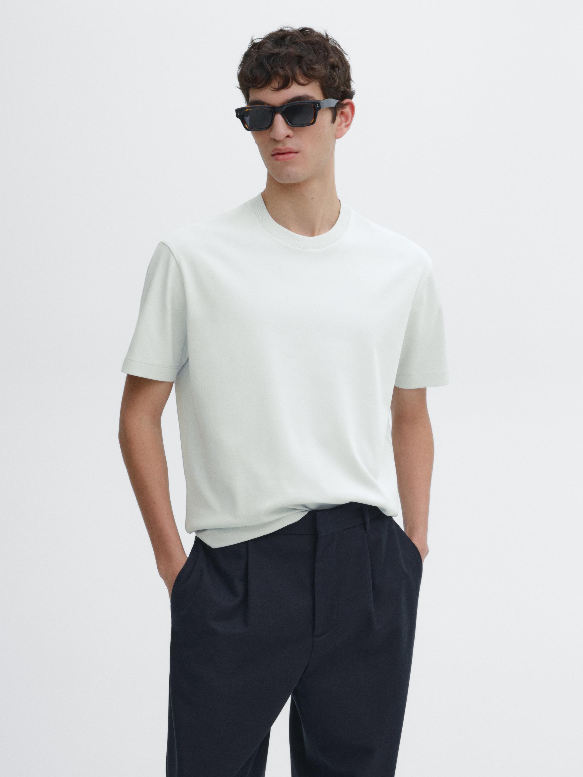 T-Shirt Medium Weight 100 % Coton - Bleu Claire - L - Massimo Dutti - Homme
