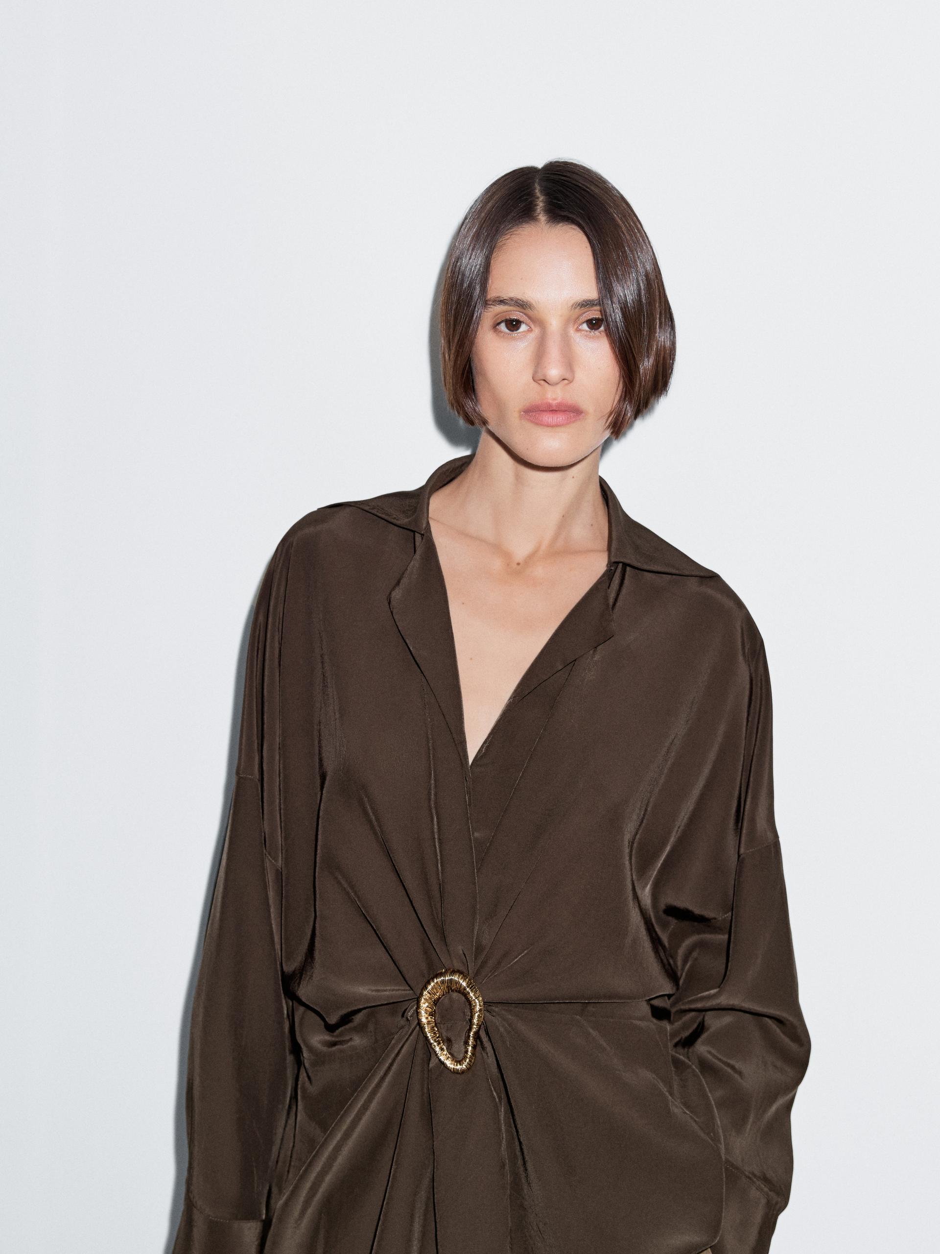 Chemise Longue Broche - Marron - Xs-S - Massimo Dutti - Femme