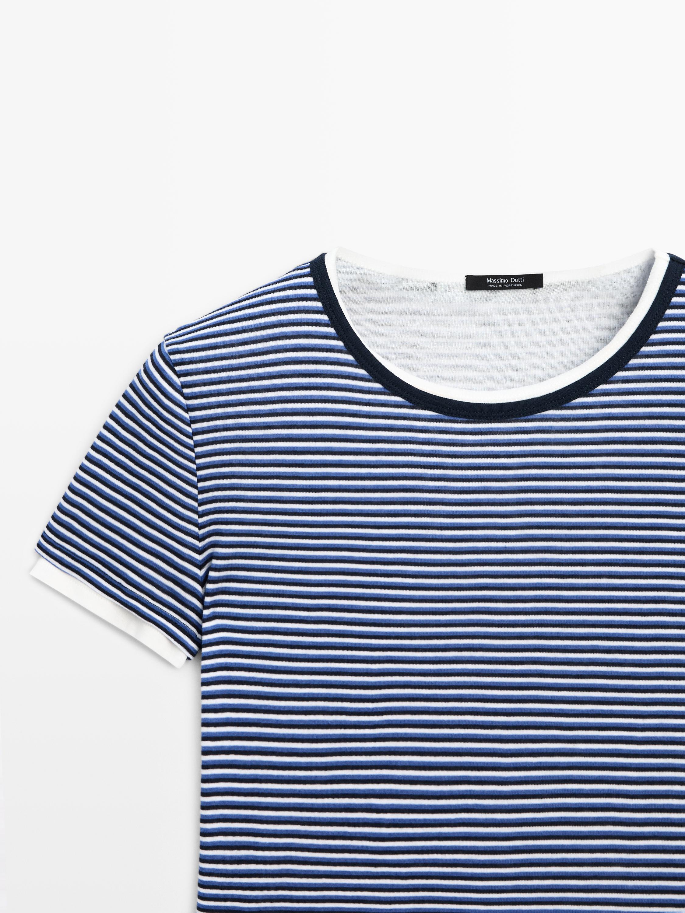 Striped double-layer T-shirt with short sleeves — BLUE