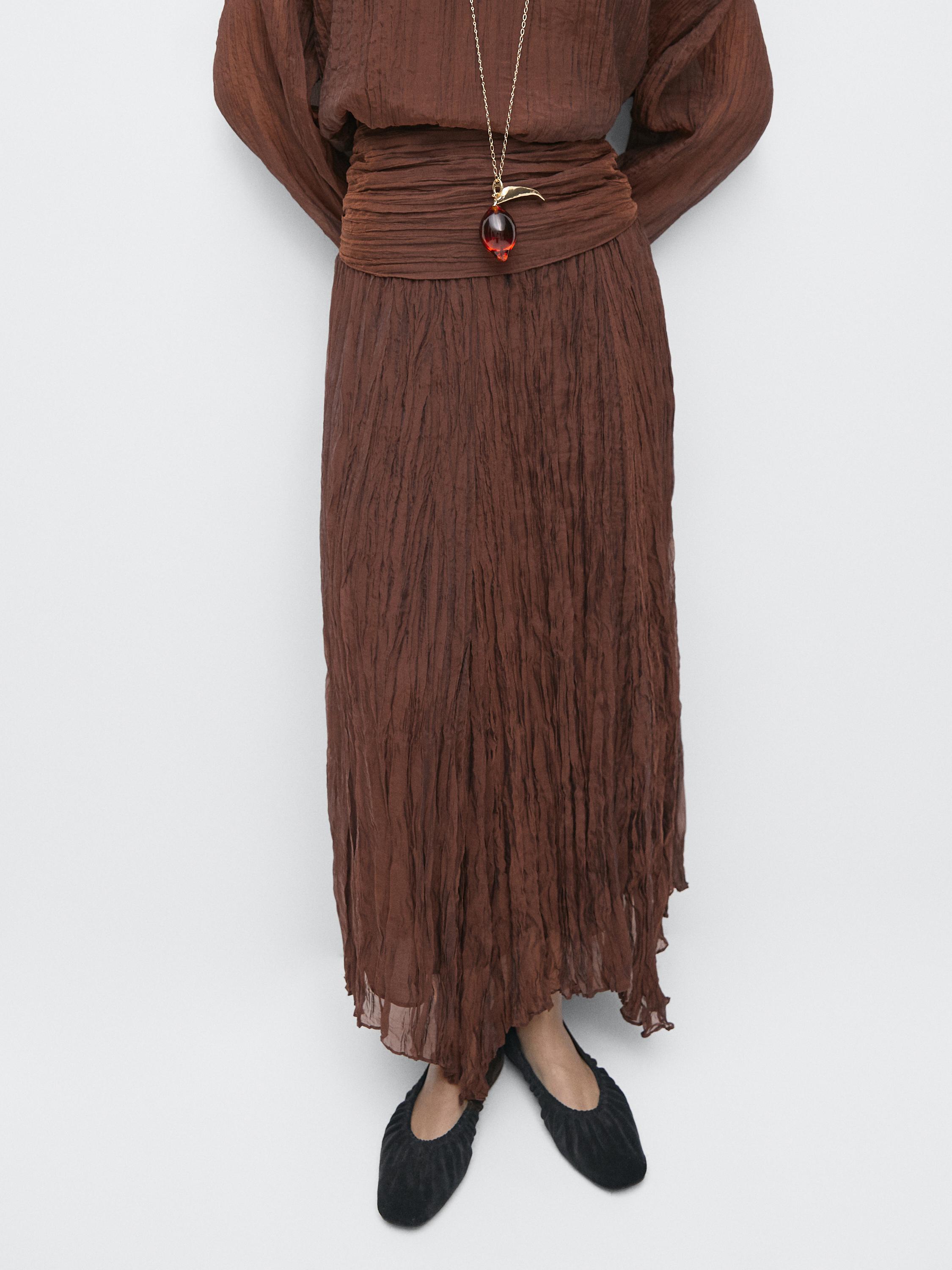 Pleated organza midi skirt — Caramel