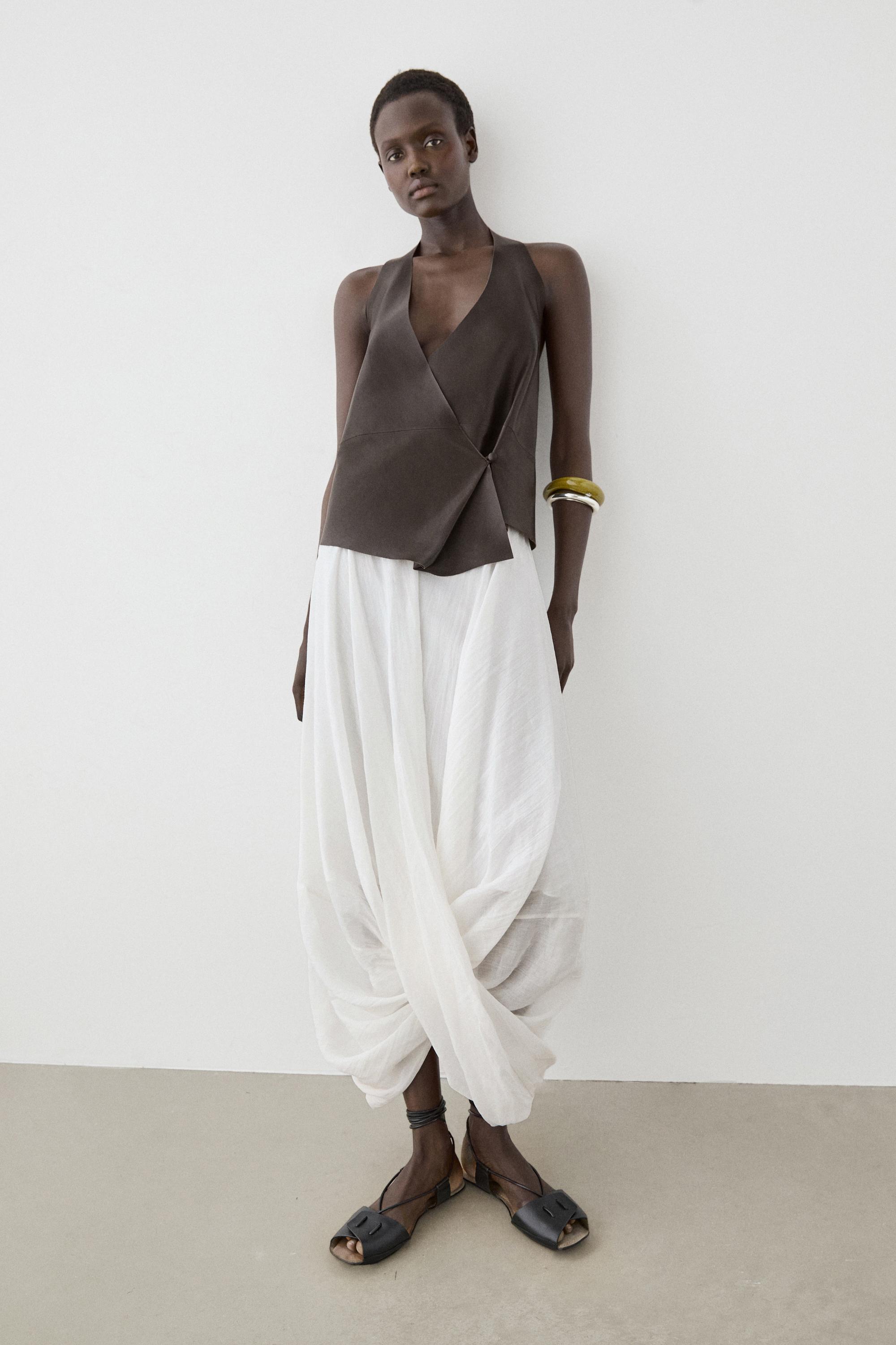 Nappa leather wrap top — BROWN