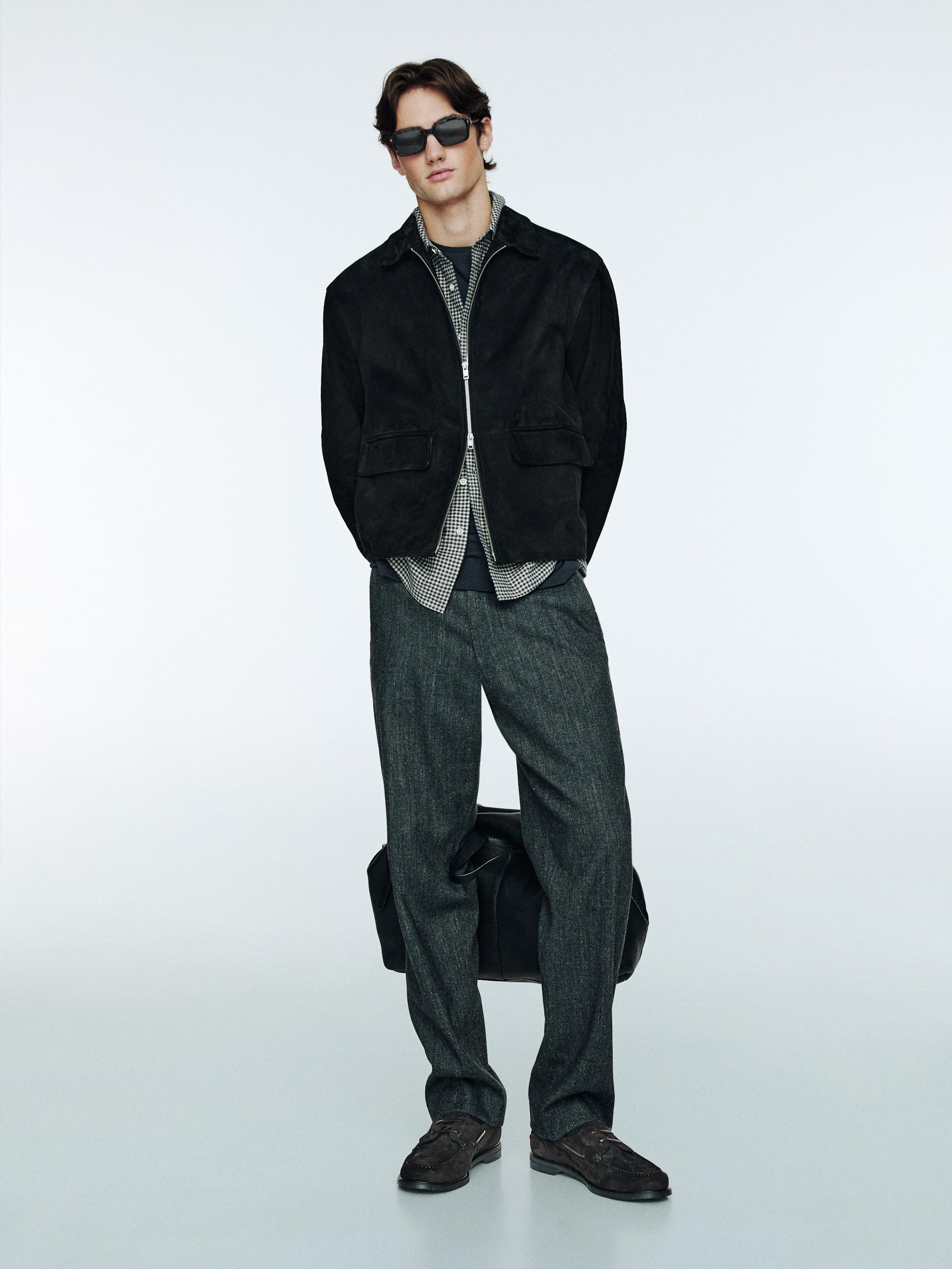 Suede leather zip-up jacket