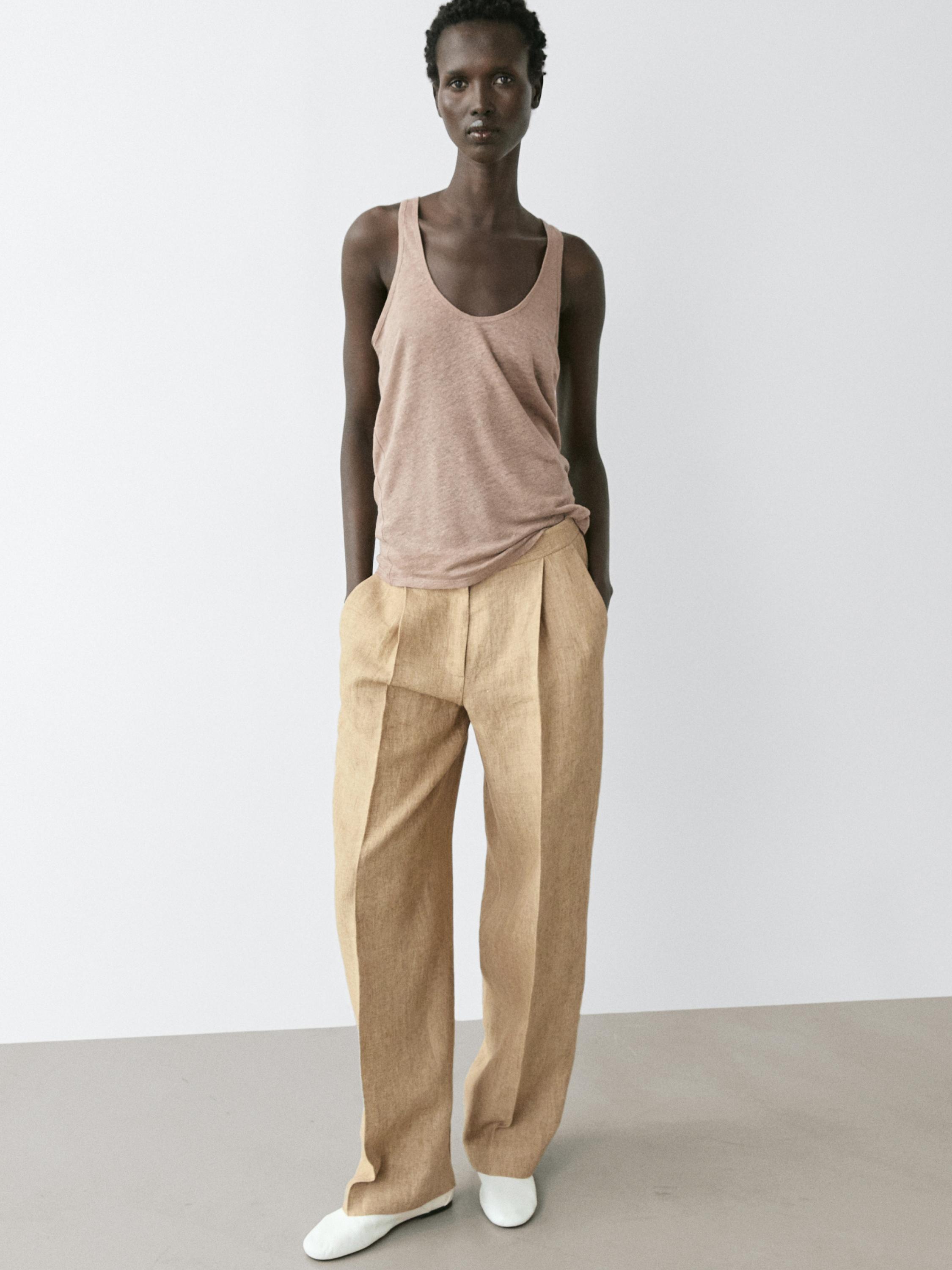 Flowing linen trousers with darts — BEIGE