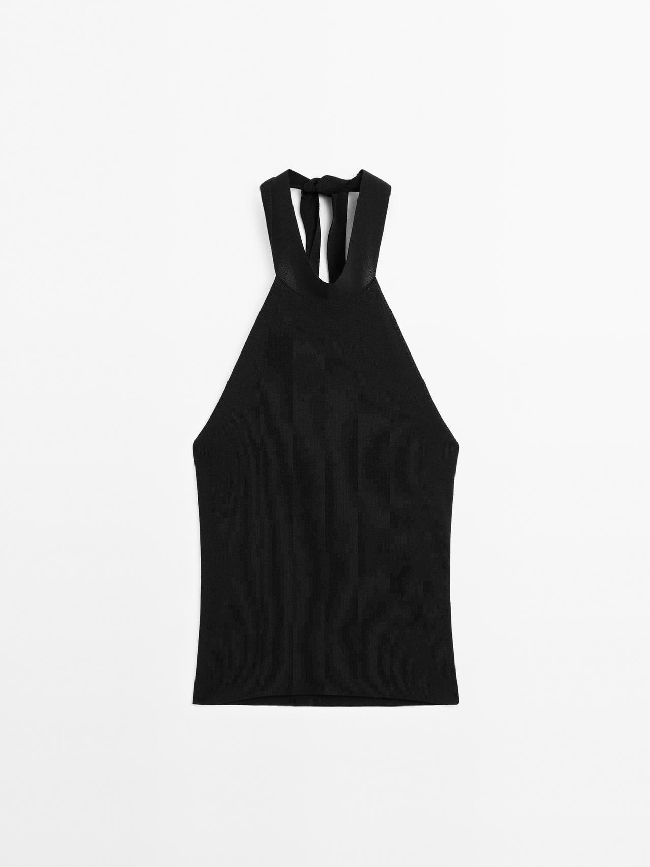 Massimo Dutti - Dame - Halternecktop Med Bindebånd I Nakken - Sort - M