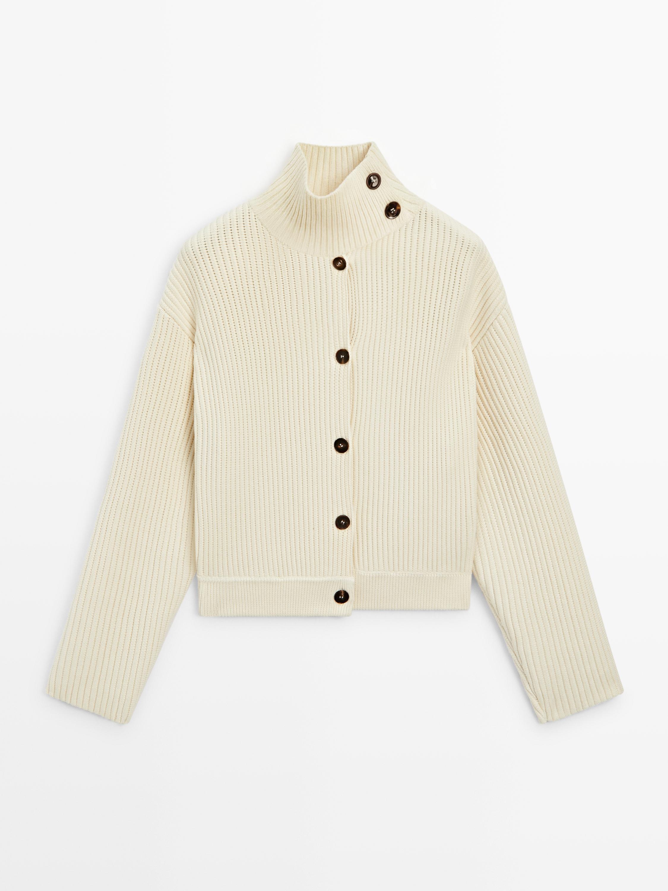 High-neck cotton knit cardigan